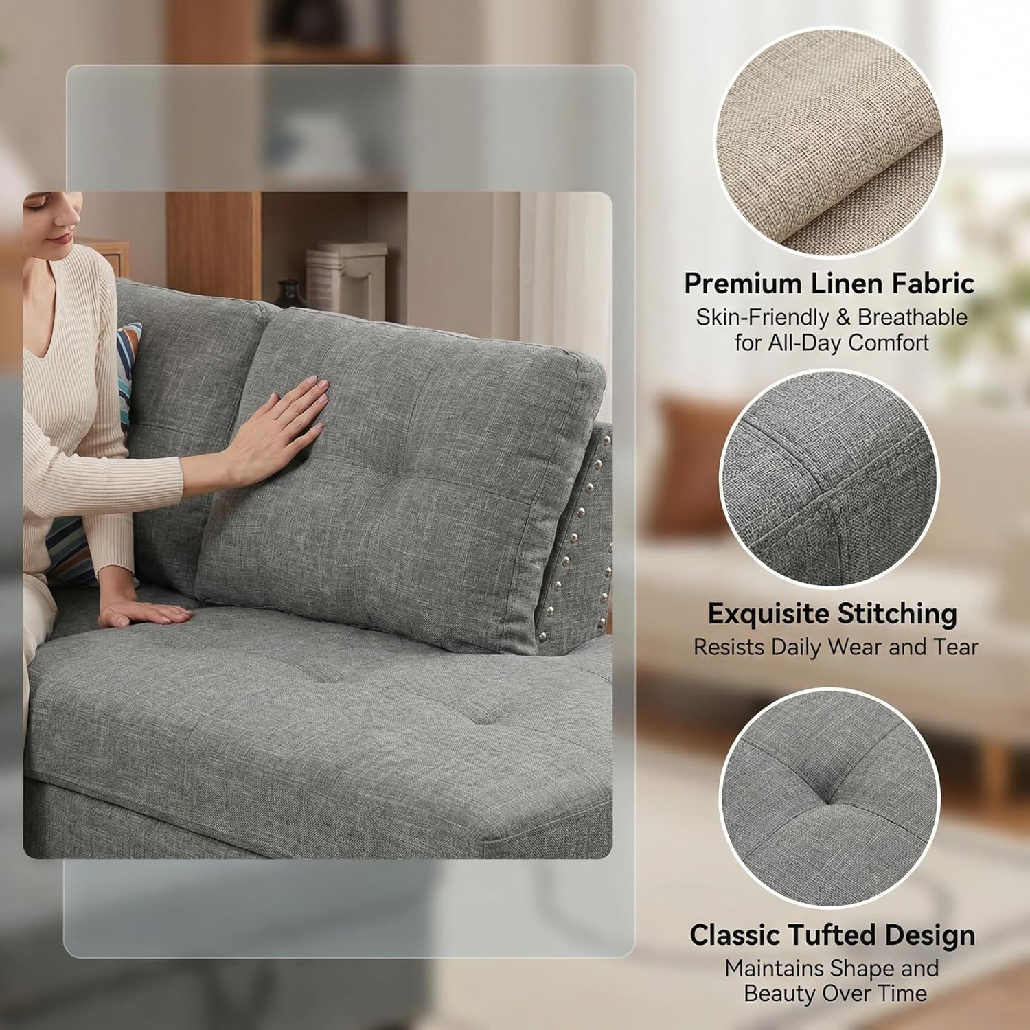 97.5" L Shaped Couch Set Linen, Modular Sectional Couches for Living Room with Storage Ottoman, 4 Seat Home Sofa Living Room Furniture Sets with Chaise for Apartment Office (Gray)