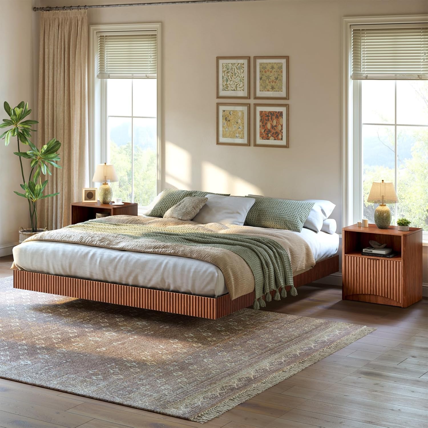 Evermagin Bedroom Furniture Set-Bed with 2 Nightstands, Mid Century Modern Bedroom Set, Floating Bed Frame Led Lights, Fluted Floating Room Furnitures, 3-Piece Room Set (Wal, King)