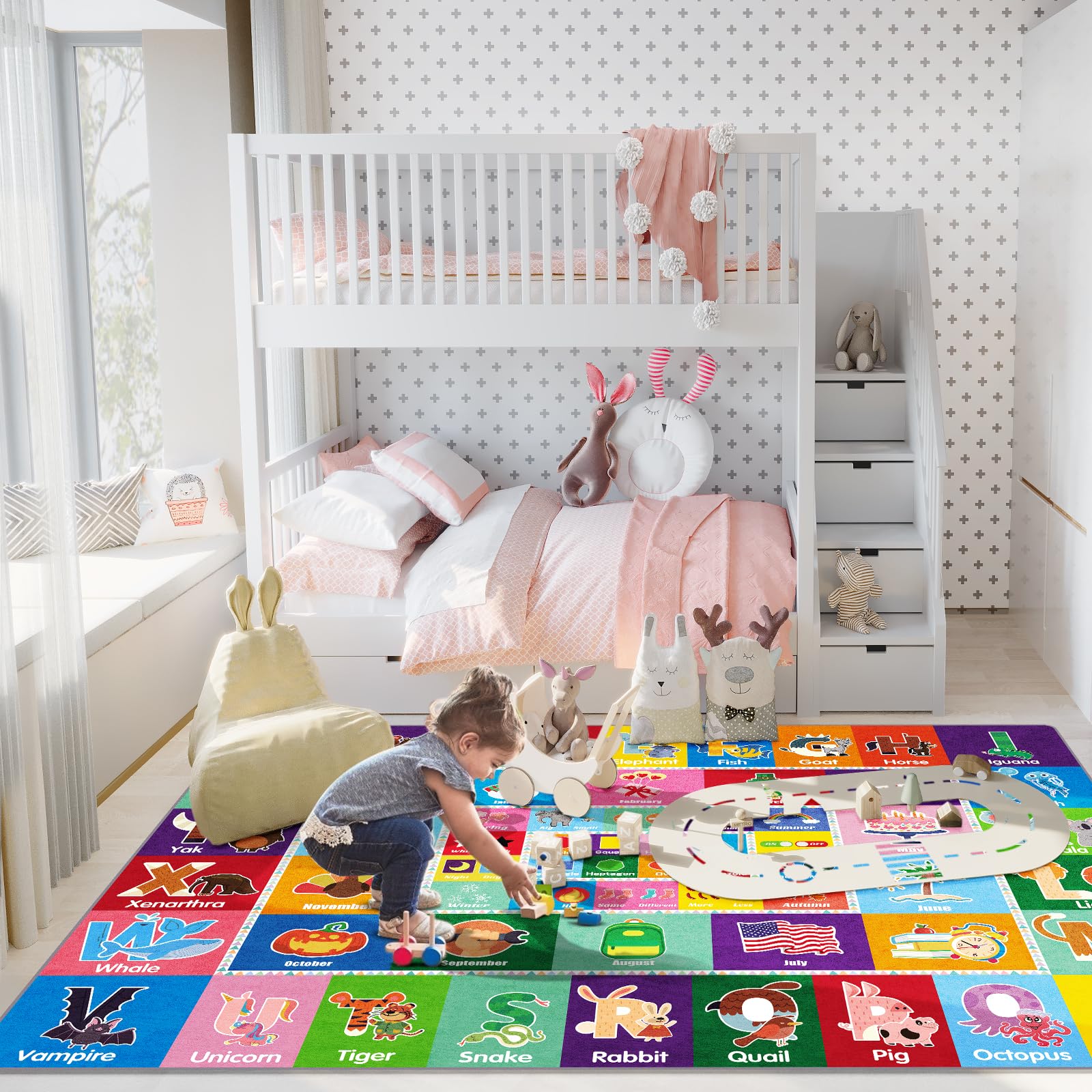 Tapis de jeu avec design antidérapant Collection ABC, forme, saison, mois, opposé et tapis éducatif pour chambre à coucher, salle de jeux (200 x 150 cm)