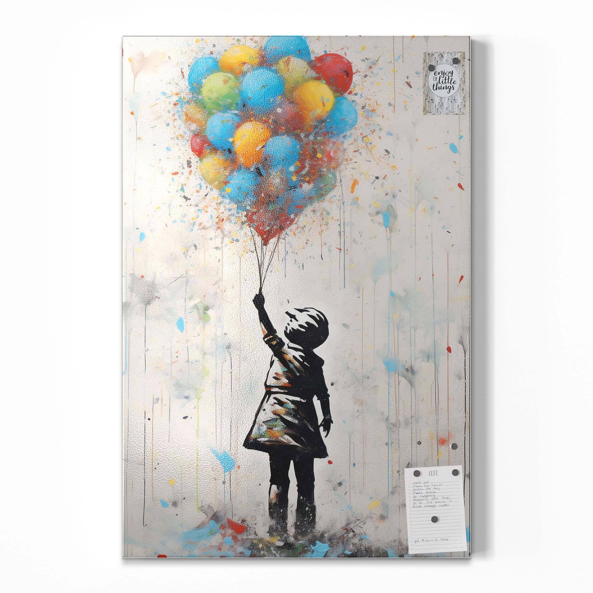 Metalowa tablica magnetyczna, wymiary 60 x 90 cm, motyw "marzenie balonów", tablica suchościeralna na wszystkie magnesy, tablica magnetyczna do kuchni i biura, designerska tablica do