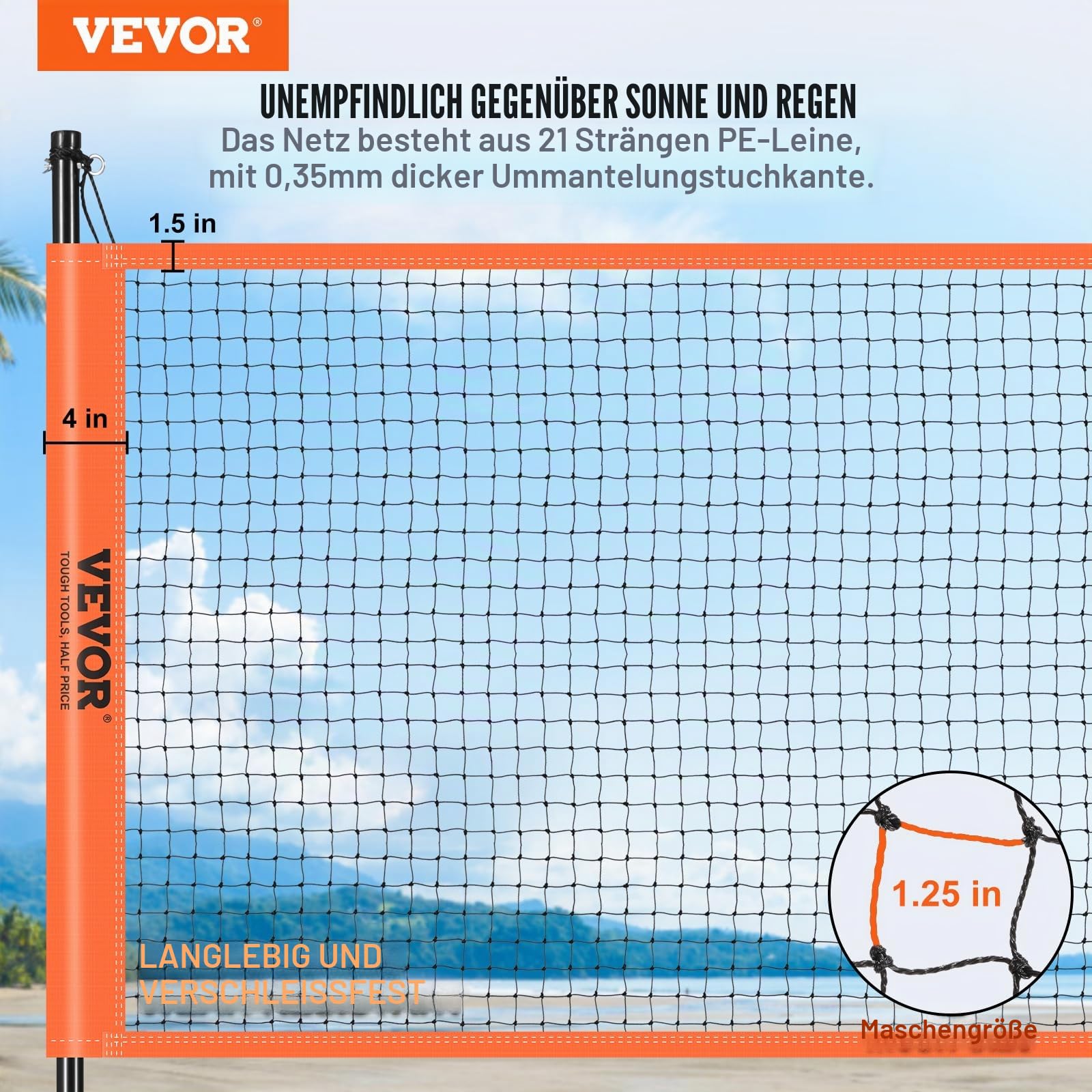 VEVOR Volleyballnetz Höhenverstellbares Badmintonnetz, 91,44 x 970 cm Tragbarer Beachvolleyball-Netz, Orange Volleyballnetz Faltbare Volleyballnetz mit Volleyball & Tragetasche & Badmintonschläger