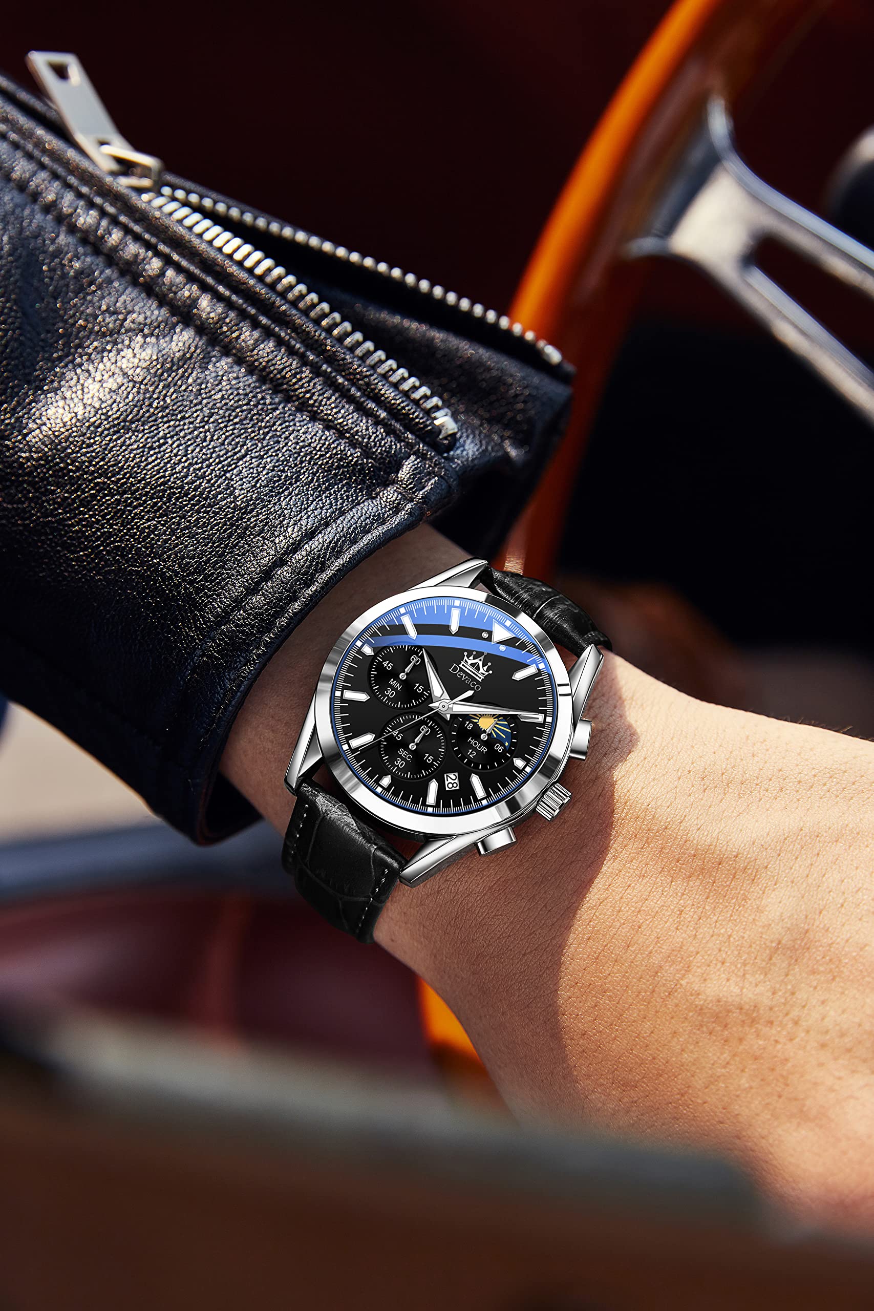 devaco Night Light Chronograph Watch for Men Quartz Casual Mens Watches?Genuine Leather Strap Waterproof Watches for Men