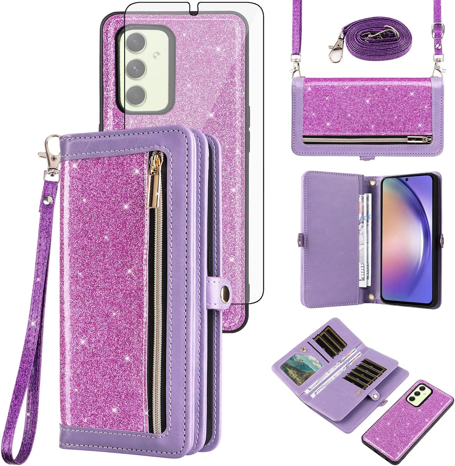 Asuwish Phone Case for Samsung Galaxy A54 5G Zipper Wallet Detachable Cell Cover with Tempered Glass Screen Protector Strap Bling Glitter Flip Card Holder A545G A 54 54A 4G G5 SM A546U Women Purple