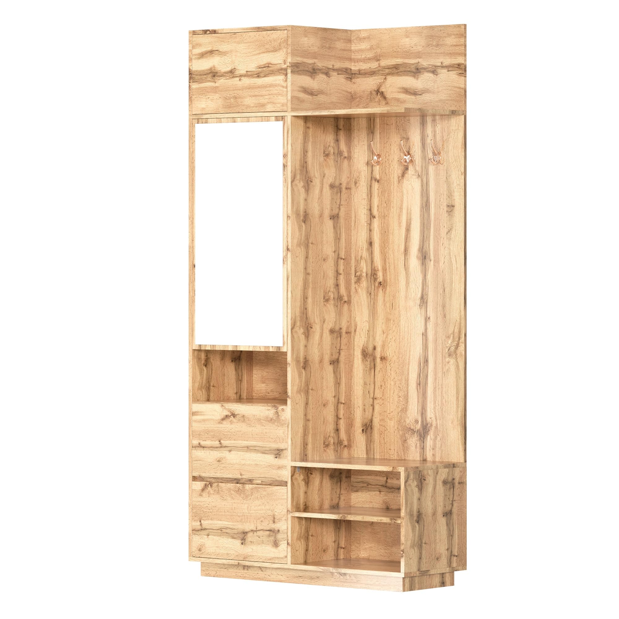 Moimhear Perchero compacto con espejo y banco, 90 x 34,5 x 190 cm, perchero con zapatero y ganchos, perchero para ropa, perchero de pasillo (natural)