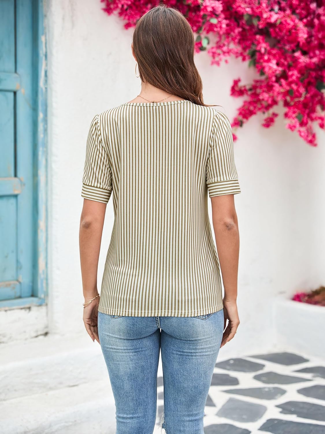 Womens Striped T Shirts Pleated Dressy Casual Summer Tops Short Sleeve Scooped Neck Button Blouse Tees - Image 3