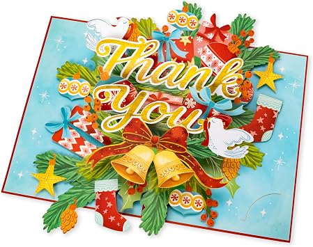 POPWOW Xmas Floral Thank You Pop Up Card, Merry Christmas, 3D Greeting Card, Ideal Gift for Xmas Season, Table Decorations, Teacher, Doctor, Nurse, Mentor, 5x7 - Includes Envelope And Message Note