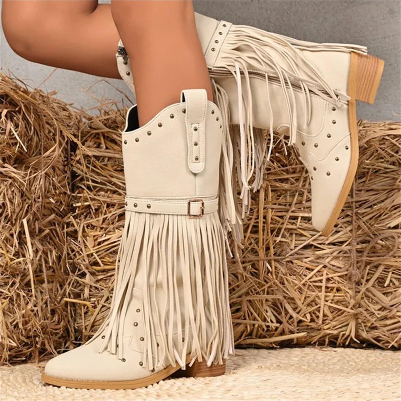 Stivali Texani Donna Stivali con nappe stile street Donna Beige Taglie forti 36-43 a metà polpaccio for donna Punta a punta cerniera Botas femminile