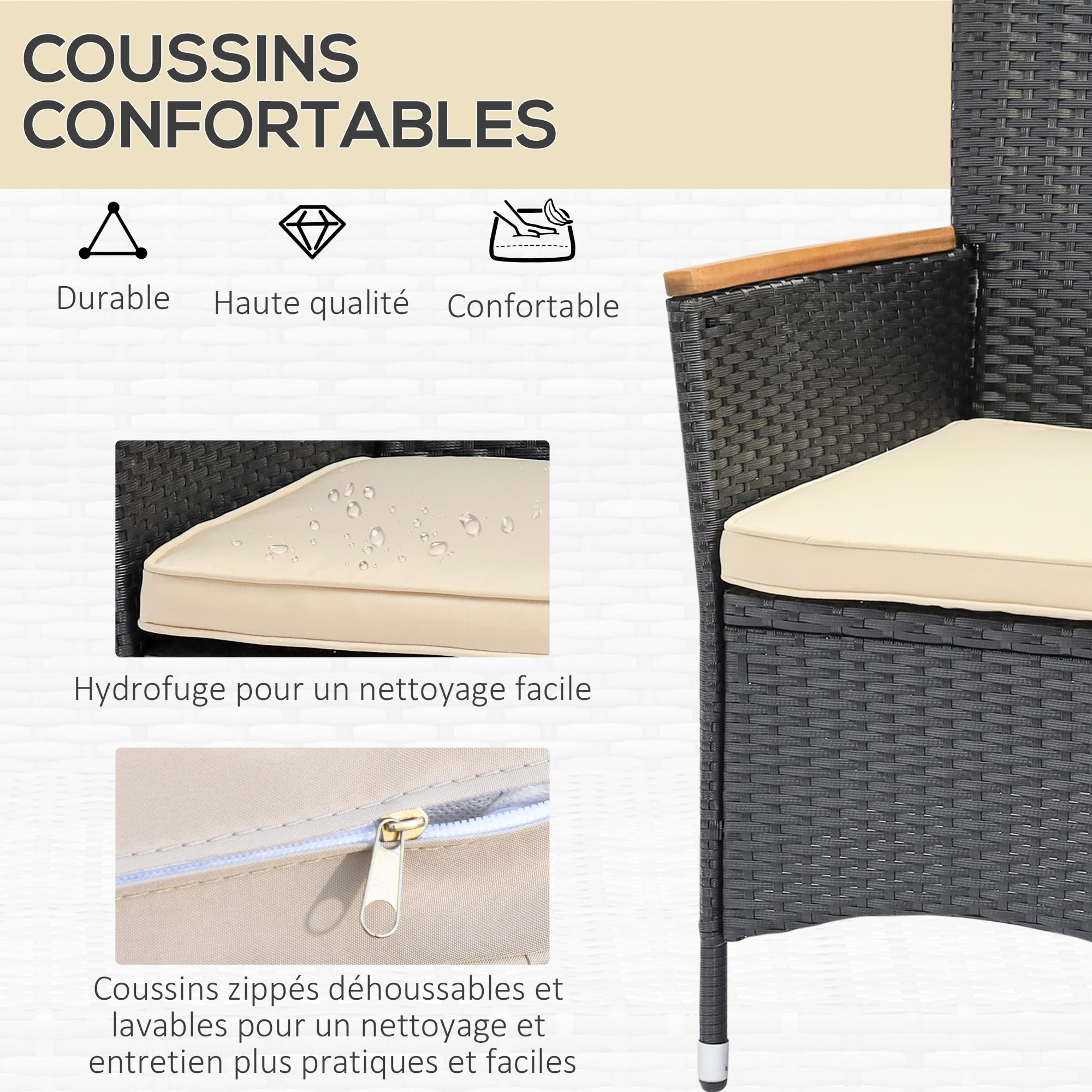 Outsunny Ensemble Salon de Jardin 6 Personnes Table à Manger rectangulaire 6 fauteuils Coussins lavables Acier résine tressée PE Bois d'acacia Noir et Beige