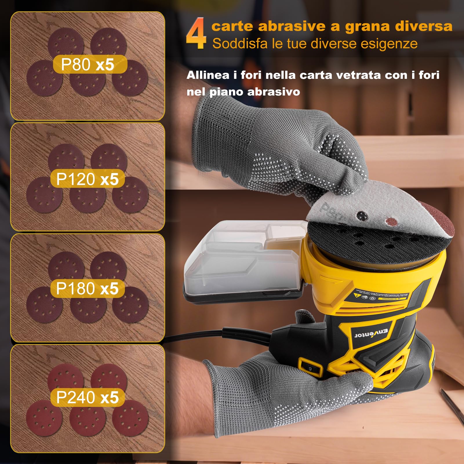 Enventor Levigatrice Orbitale 350W, Levigatrice Rotorbitale con 6 Velocità Variabile, 6000-13000RPM, 125MM, 20PCS (80, 120, 180, 240 Grane), Levigatrice per Legno, Metallo