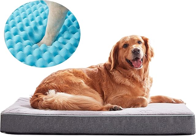 PETORREY Orthopedic Memory Foam Dog Bed For Medium Large Dogs,Cooling Gel ,Waterproof Inner & Removable and Machine Washable Cover, Thick Egg Crate Foam Dog Bed with Non-Slip Bottom(L)
