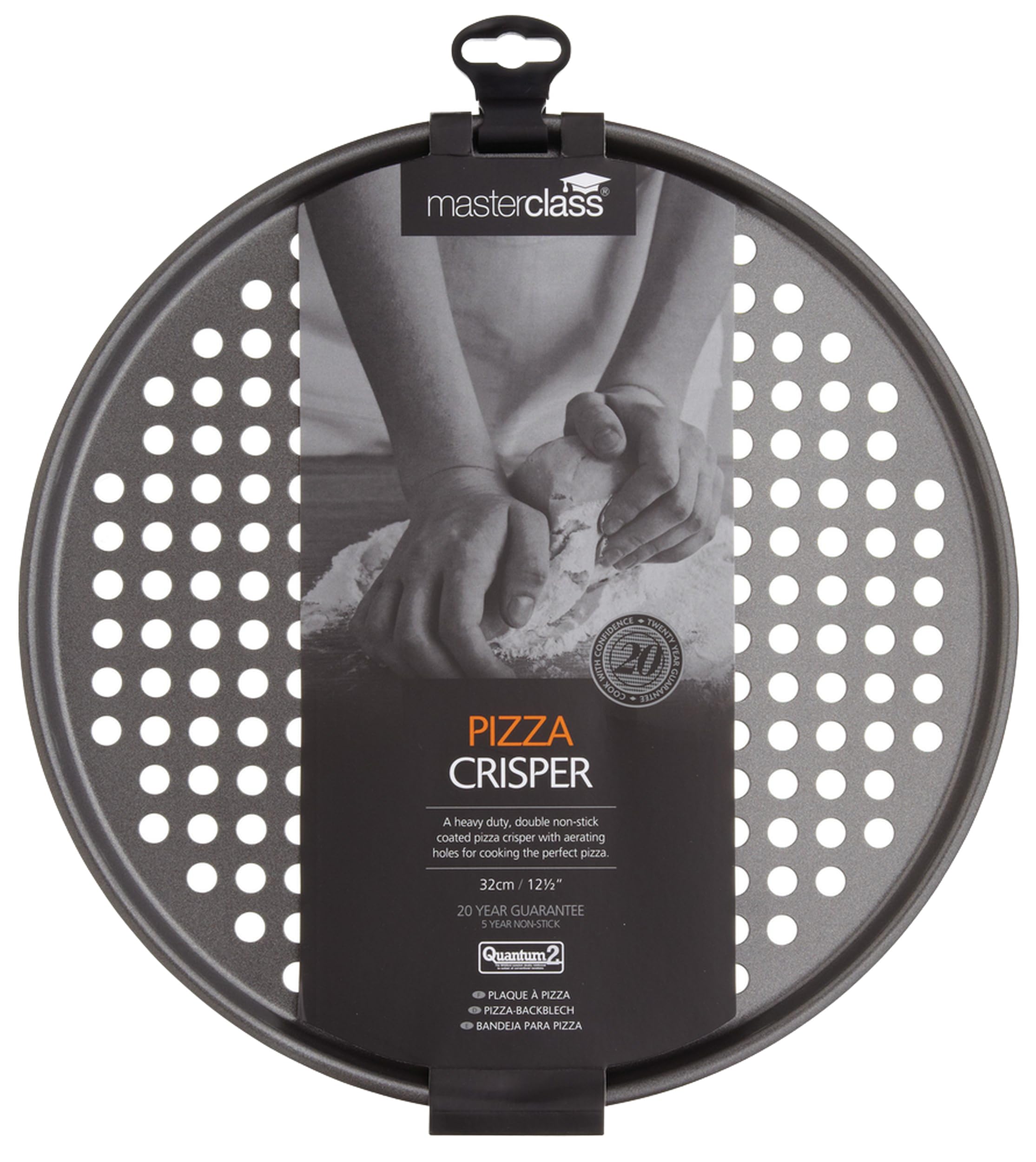 MasterClass Antihaft-Pizzablech für Backofen und Pizzaofen, gelocht, rund 32cm, mit Hülle, Grau