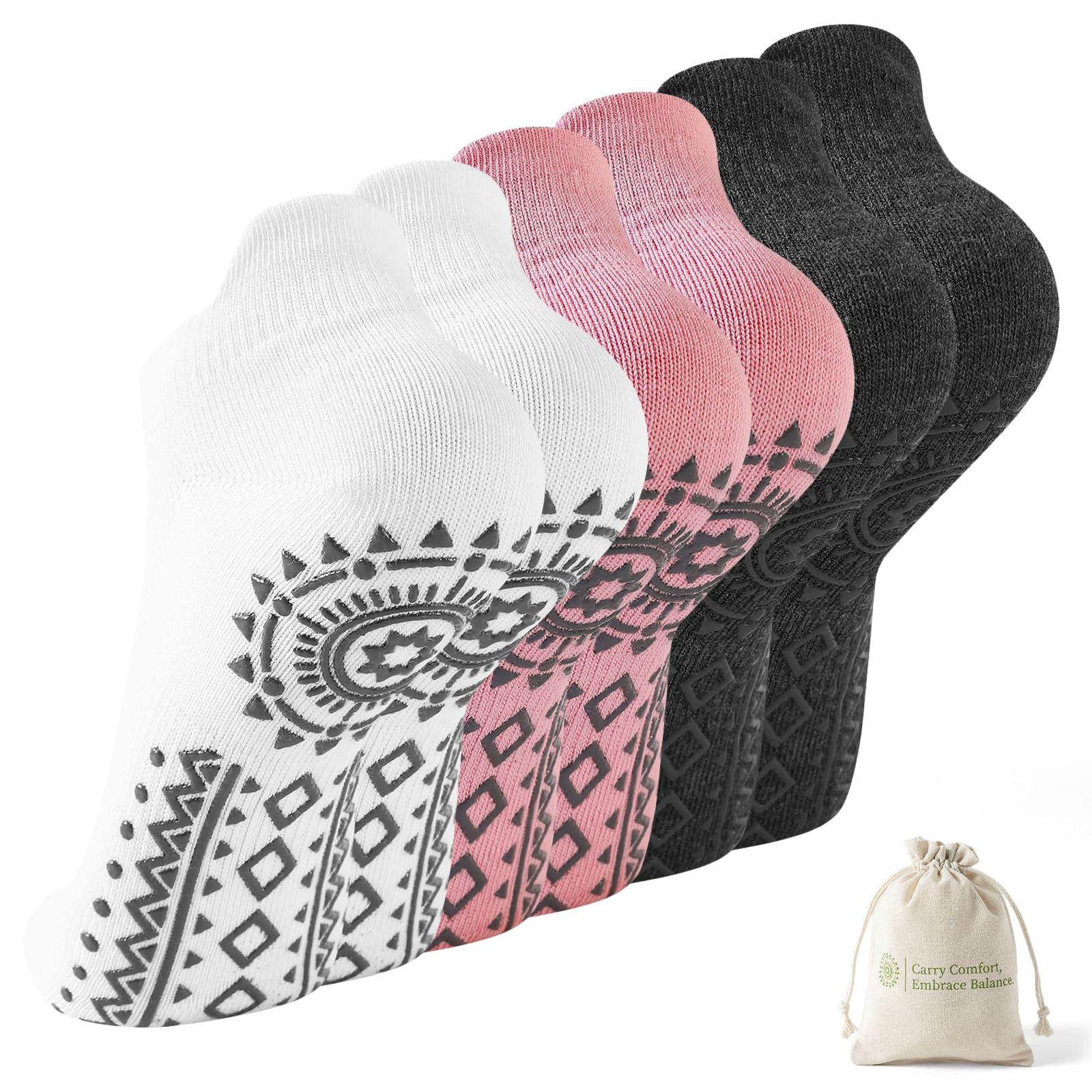 BISOUSOX Yoga Socks with Bag Women Pilates Socks Short Non-Slip Breathable Cotton Gym Bar Fitness Gift for Women Pregnant Mother 3 Pairs — view 9