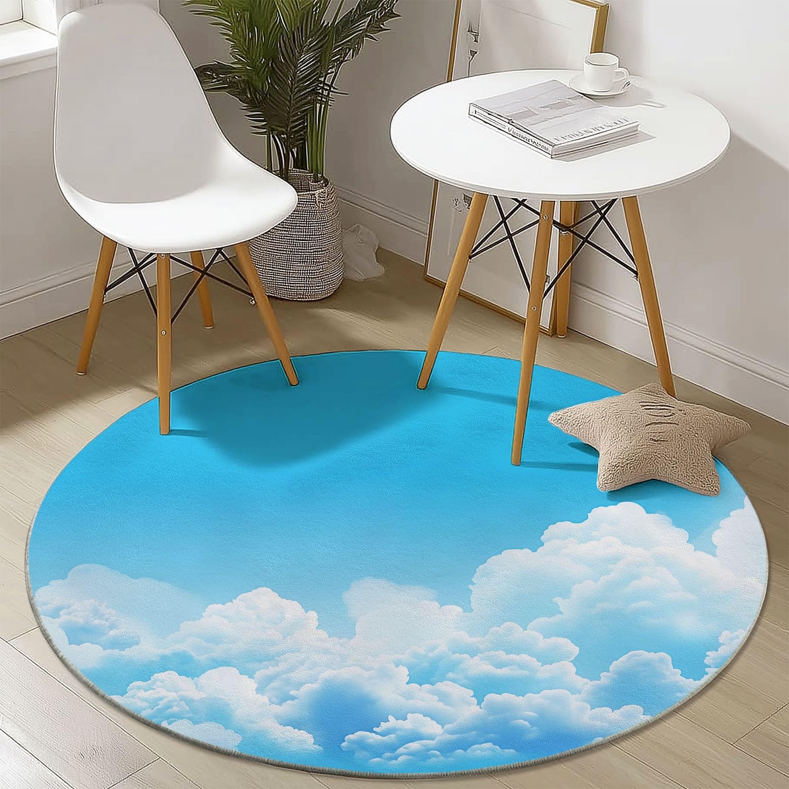 Genérico Alfombra Redonda para habitación Infantil Patrón De Nubes Blancas, Estilo De Cielo Natural Alfombra Antideslizante Suave y esponjosa para Sala de Estar, Dormitorio, Comedor, 150 cm, Azul