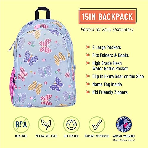 Miniatura 5 de Wildkin Paquete de mochila para niños de 15 pulgadas con bolsa de almuerzo (jardín de mariposas)
