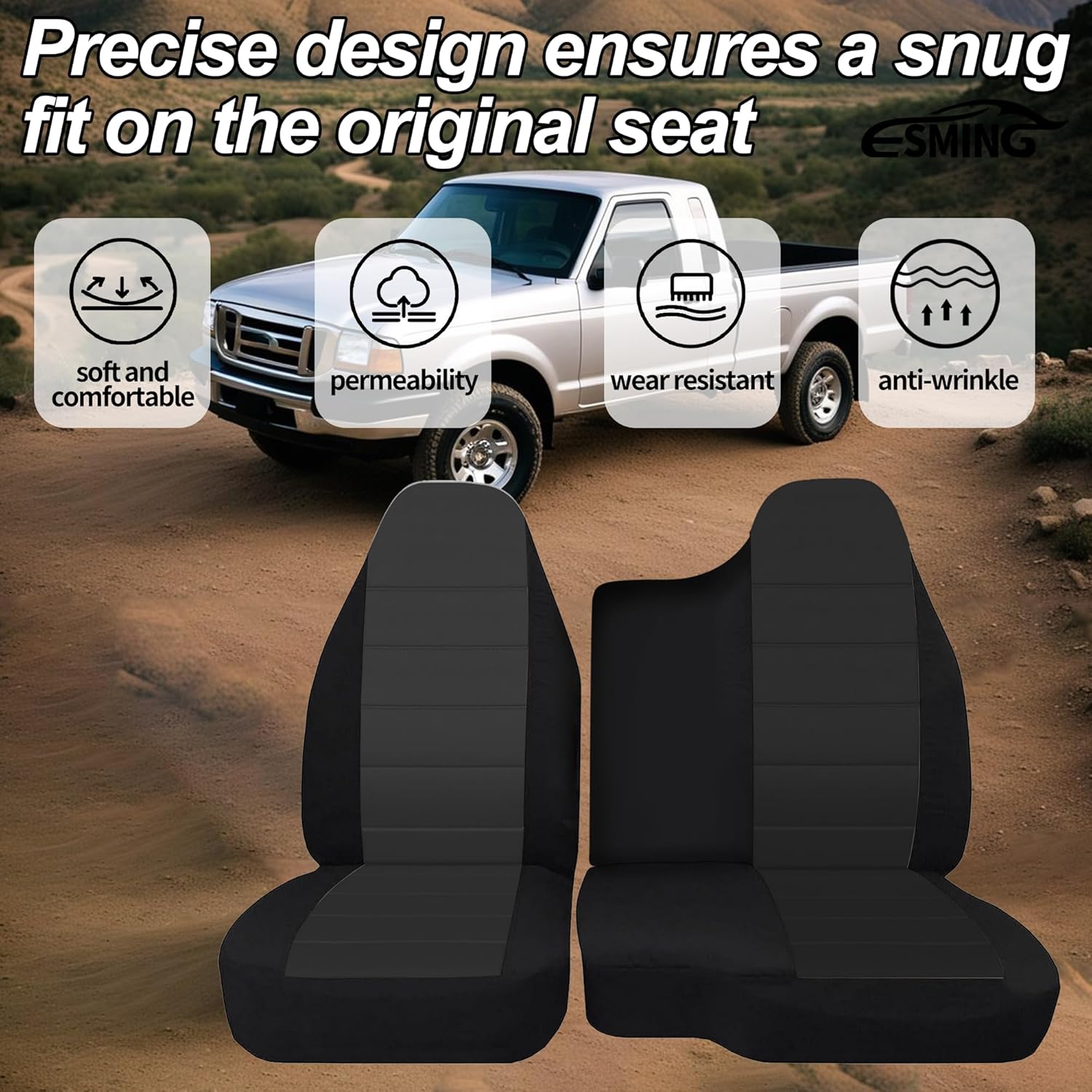 ESMING 60/40 Split Bench Highback Seats Oxford Fabric Seat Covers for Ford Ranger 1998 1999 2000 2001 2002 2003 Durable Water-Resistant and Easy to Clean-Black
