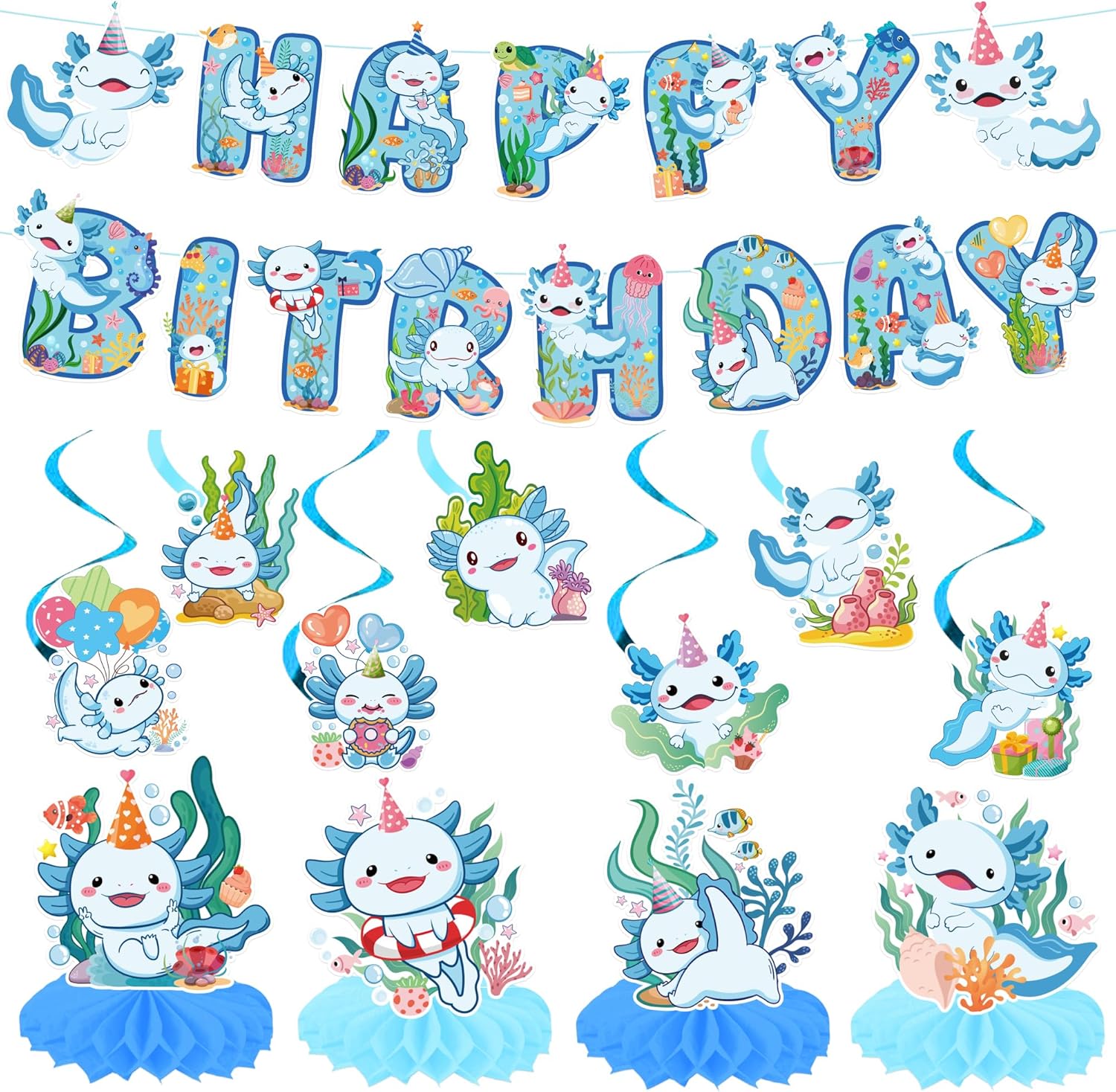 Axolotl Birthday Party Decorations, 13PCS Blue Cute Animals Happy Birthday Banners, Hanging Swirls, and Honeycomb Centerpieces for Boys Girls Kids Axolotl Party Supplies Favors