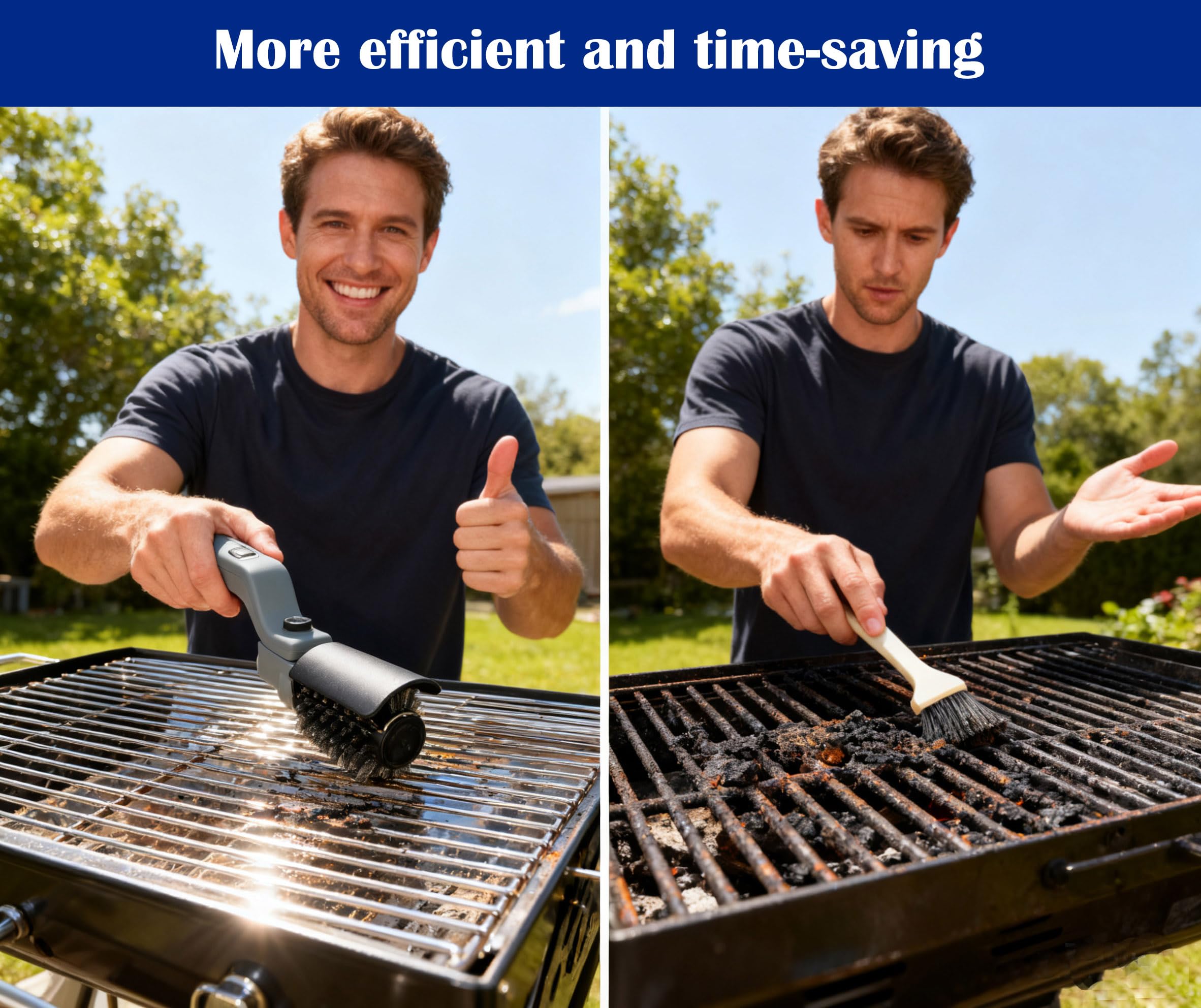 Cepillo eléctrico para barbacoa con batería – Cabezal ajustable 180°, motor de 3 velocidades, 90 min de duración, resistente al agua, cabezales de cepillo de acero inoxidable y nylon para parrilla
