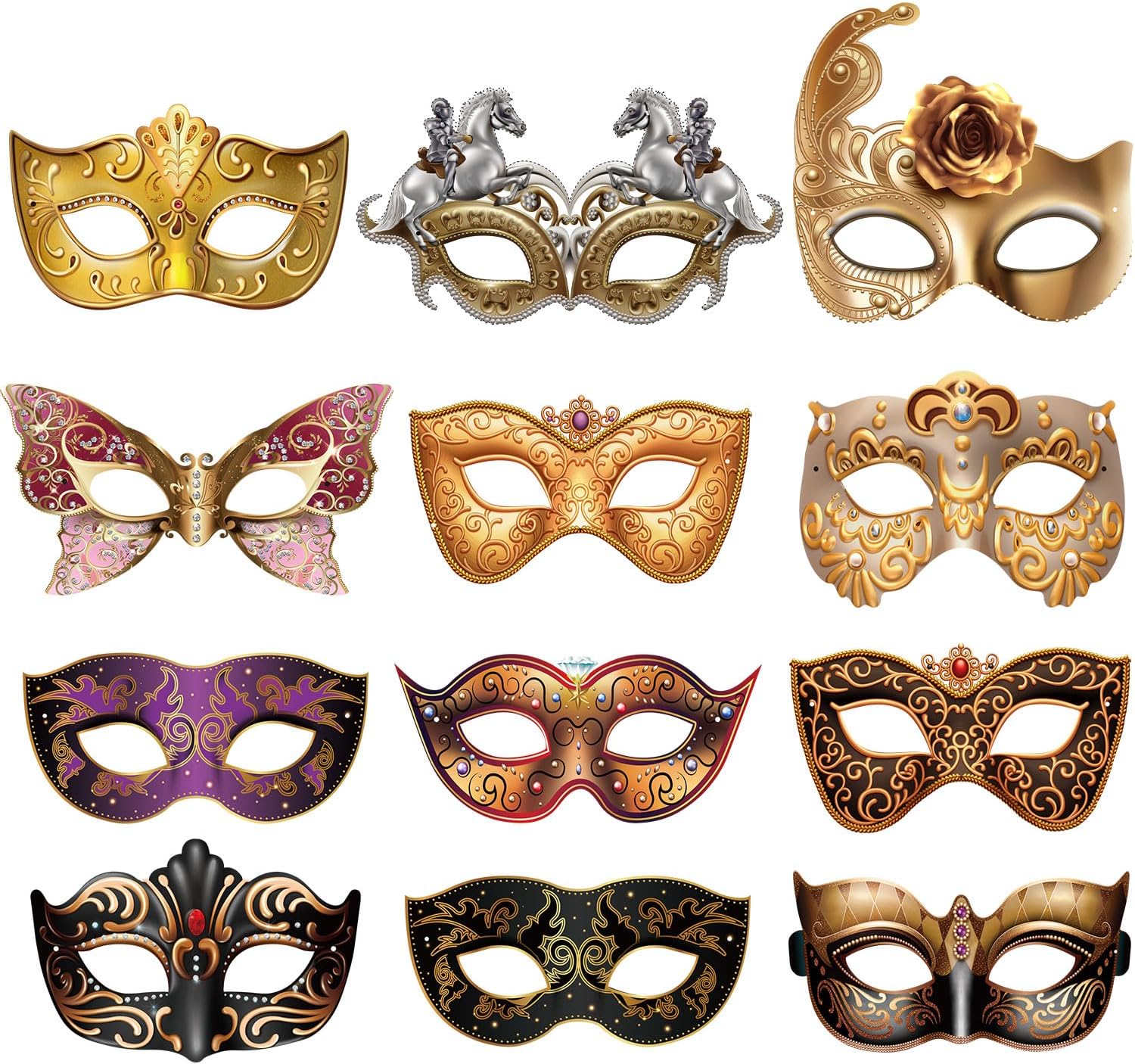 12 Pcs Mardi Gras Masquerade Mask Set Paper Masquerade Masks Women's Costume Party Supplies for Mardi Gras, New Year's Day, Carnival, Prom, Venetian, Half, Retro