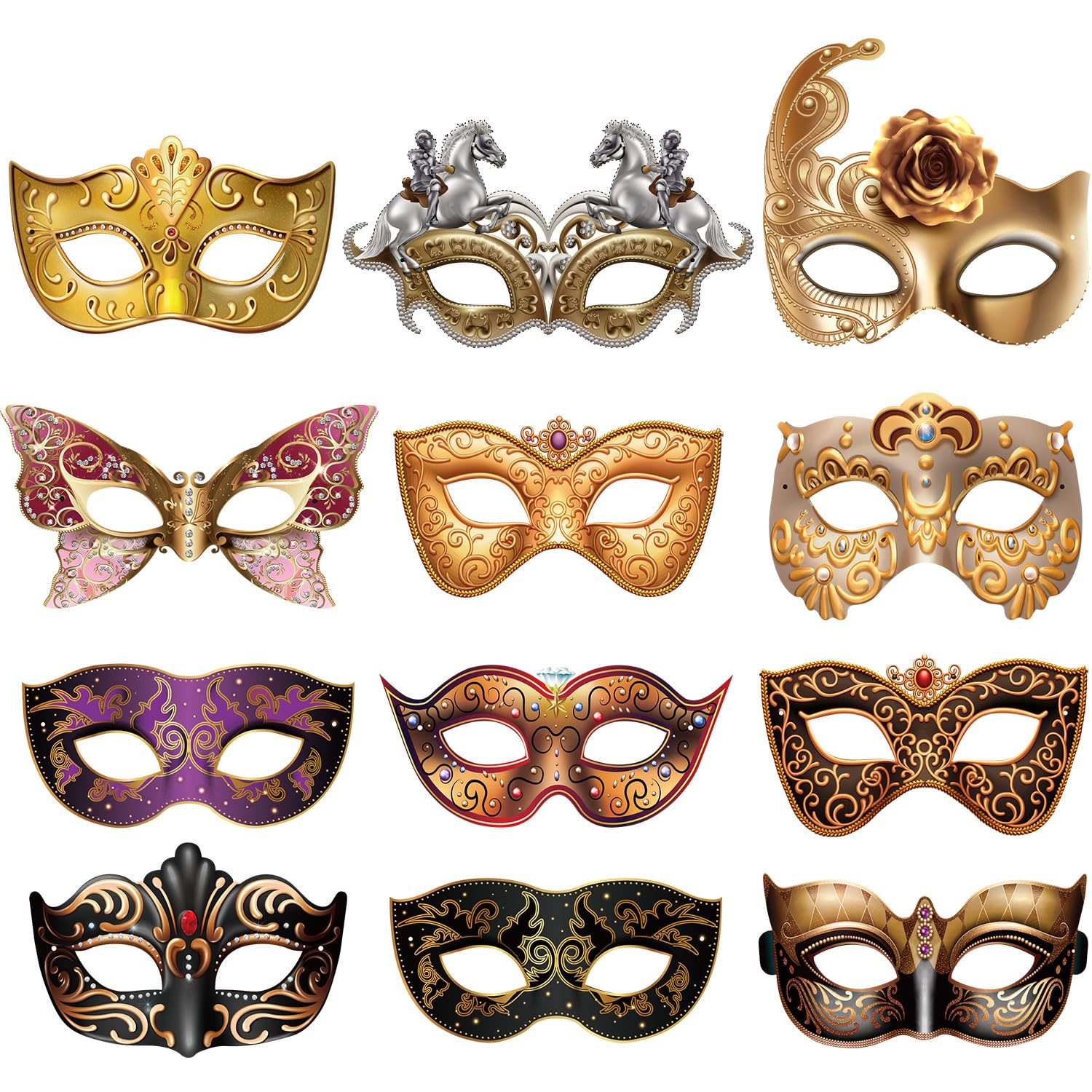 Blulu 12 Pcs New Year's Day Masquerade Mask Set Paper Masquerade Masks for Carnival, Prom, Mardi Gras, Halloween, Venetian, Half, Retro, Women's Costume Party Supplies