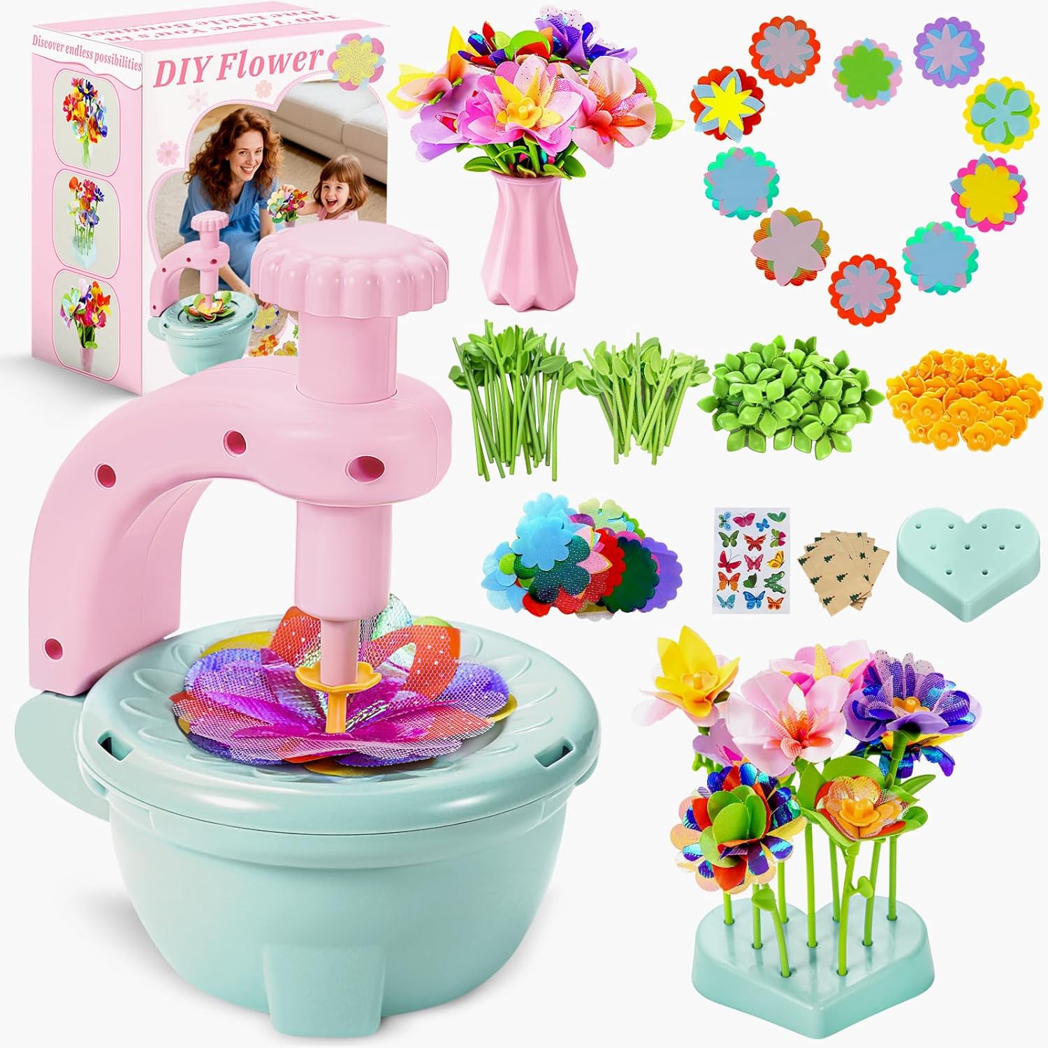 Fabric Flower Bouquets Toys, Flower Making Kit for Kids Ages 3+, DIY Arts and Crafts Activity for Preschool Toddlers, Screen-Free Craft Gifts for Girls, Home Classroom Craft Play