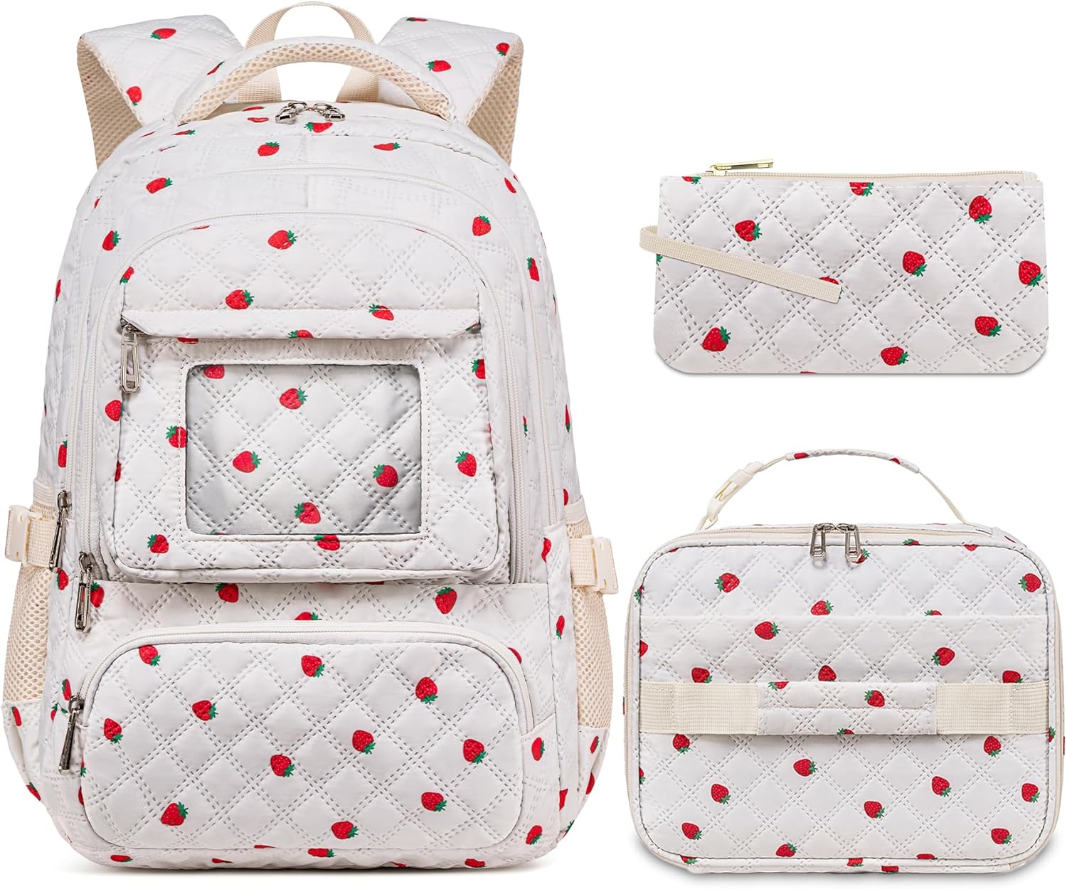 Beige Strawberry Backpack with Lunch Box for Girls Teens Kids for Age 6-8 8-10 10-12 Kawaii School Bag for Middle High School Primary Elementary Bookbag Mochila Para Niñas White Strawberry