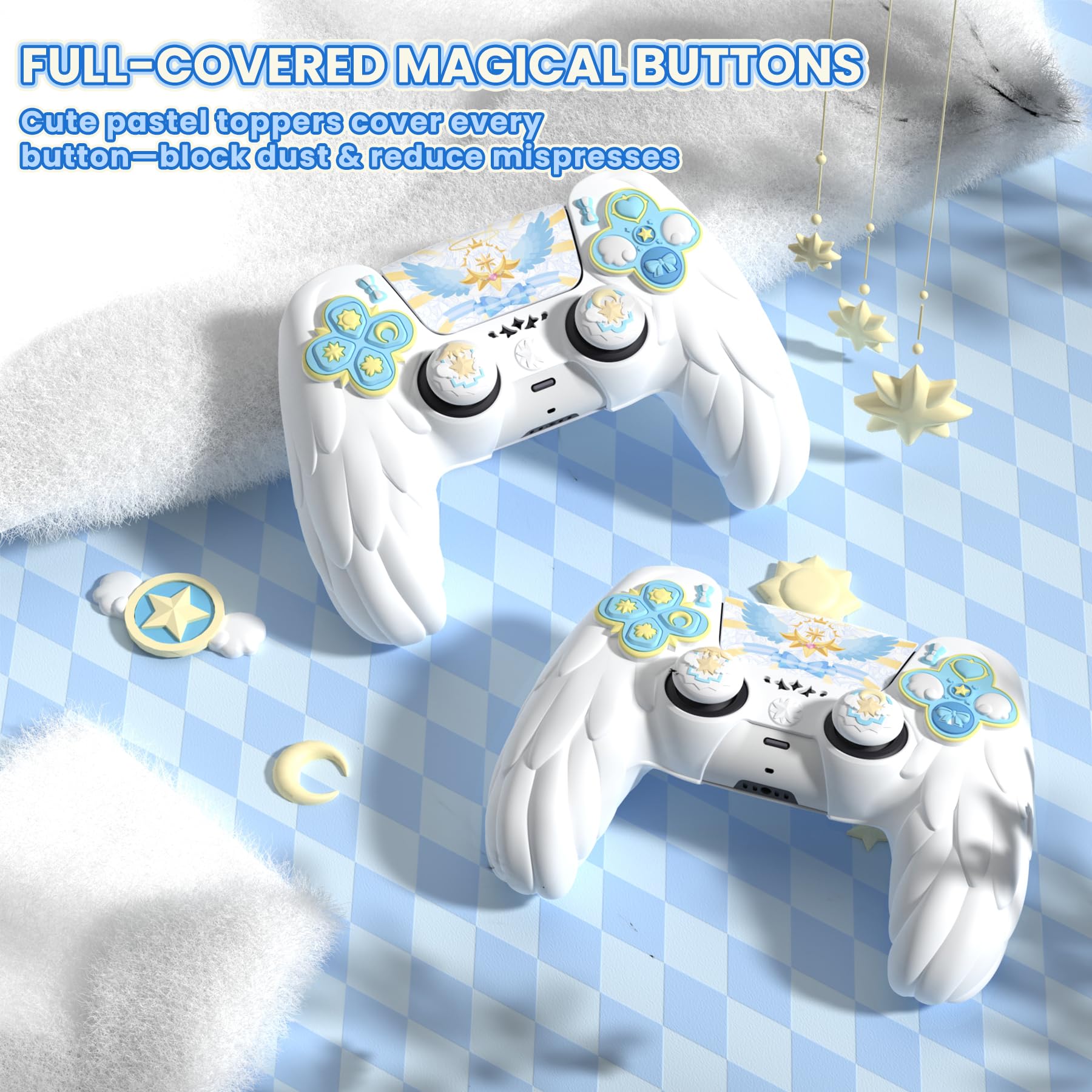 playvital Cover Controller per ps5 Joystick Custodia Silicone Skin Protettivo Grip Antiscivolo & Copri Analogici & Adesivi Carini, Adatto per ps5 Base di Ricarica, Ali Magiche-Bianco