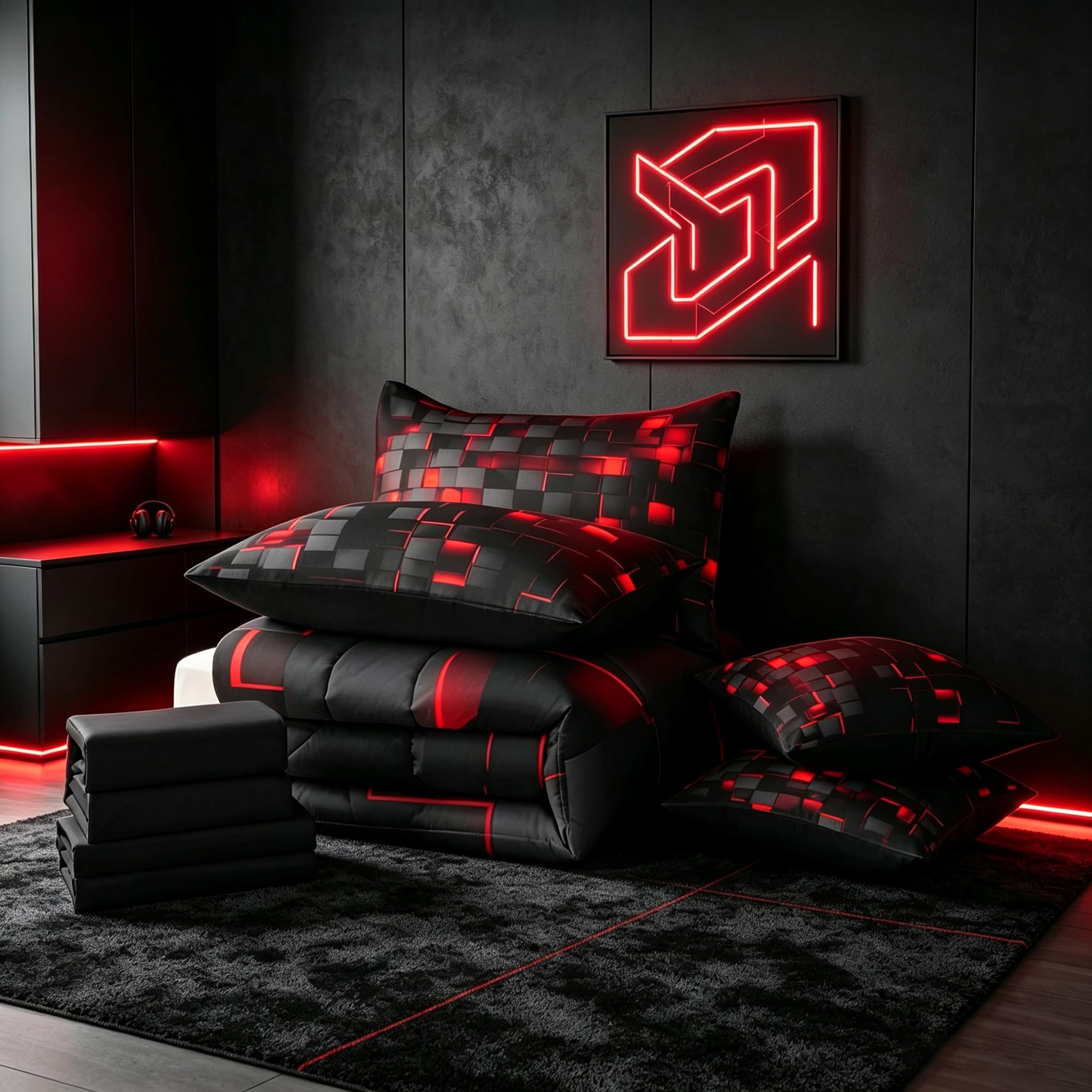 Feelyou Red & Black Geometric Bedding Set -6