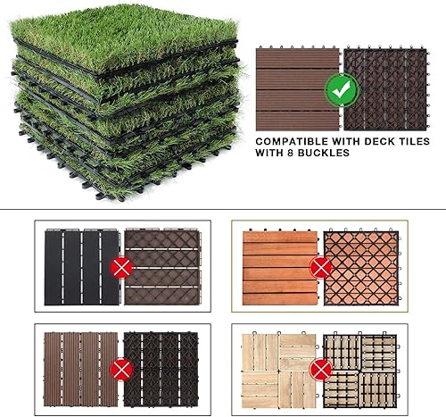 Miniatura 5 de XLX TURF Juego de 6 azulejos de césped artificial entrelazados, azulejos cuadrados de césped falso autodrenantes para decoración de suelos de