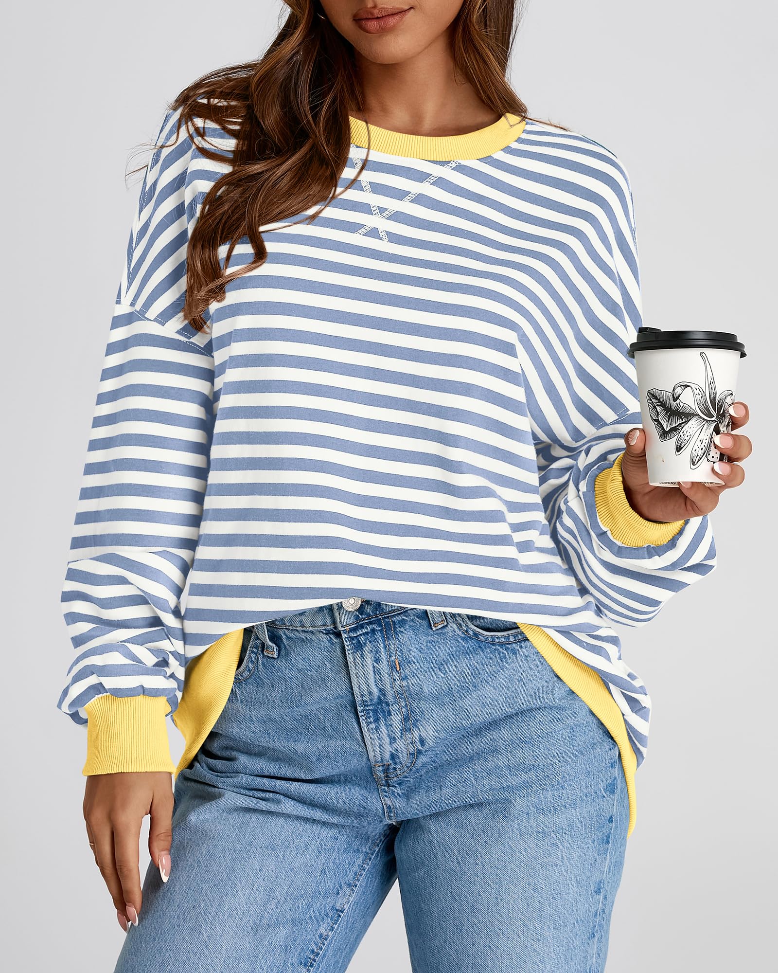 BTFBM Womens Oversized Striped Sweatshirt Crewneck Long Sleeve Pullover Top Casual Y2K Fall Clothes 2025 Workout Shirt