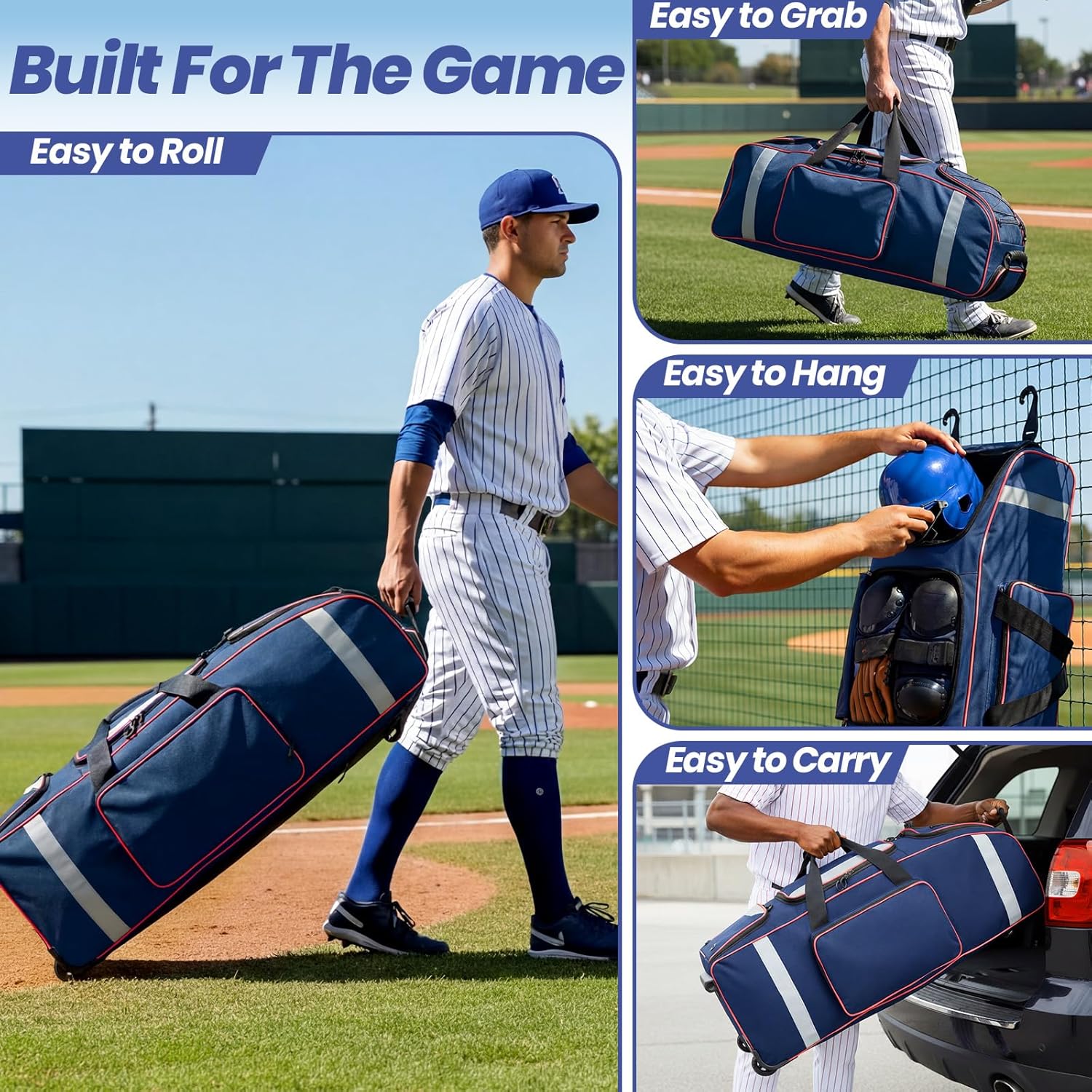 Fanwoli Rolling Baseball Bag with Wheels, Large Softball Catchers Gear Bags for 4 Bats (Fits Up To 32), Separate Shoe Compartment, Safety Reflective Strip, Fence Hook, Portable Bag for Youth & Adult