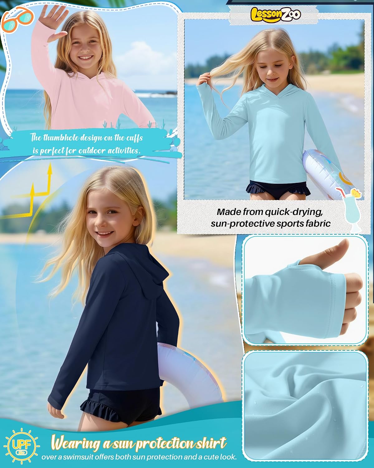 3 Pack Girls Sun Hoodie UPF50+ Long Sleeve Sun Protection Shirts with Thumb Holes Athletic Quick Dry Rash Guard