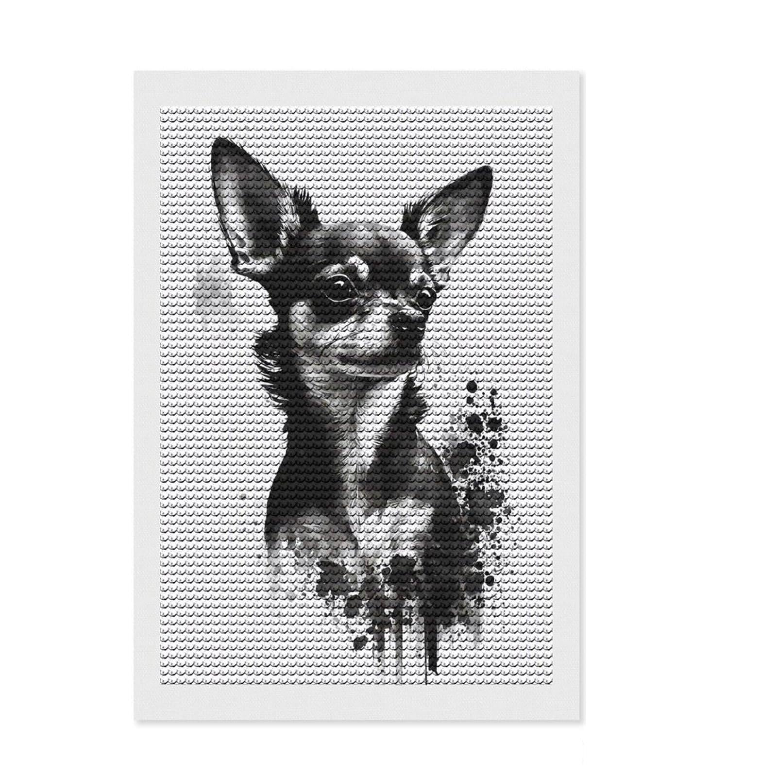 Junmoney Chihuahua Black Ink DIY Diamond Art Canvas Kit 8"x12", Sparkling Round Gems, Adhesive Canvas, Office Decor, Holiday Gift Idea