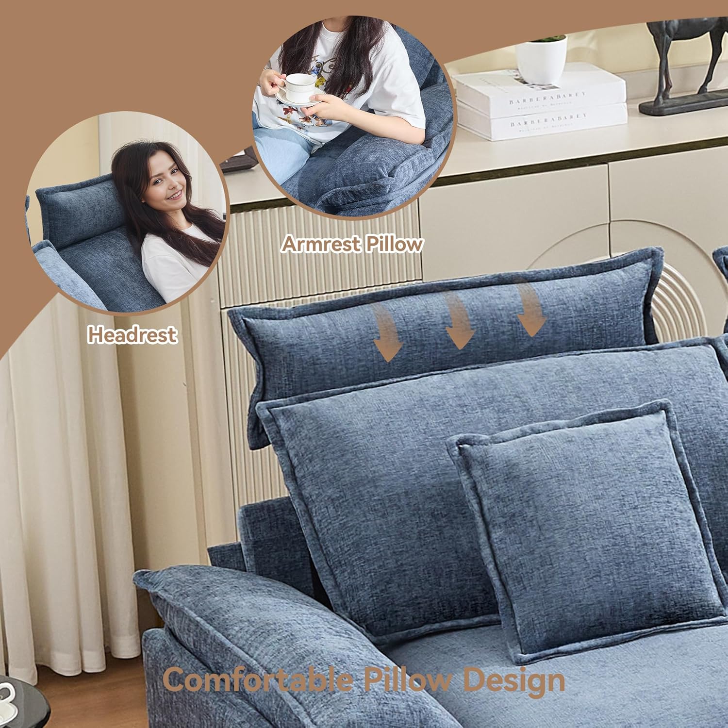 72'' Cloud Modern Loveseat Couch with Detachable Headrest, Modular Sectional Sofa Couch Deep Love Seat, Oversized 2 Seater Chenille Comfy Sofa with Armrests for Living Room, Blue