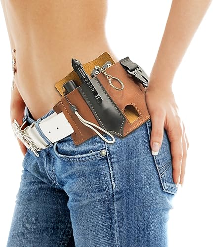 Miniatura 5 de Funda multiherramienta de cuero auténtico EDC para cinturón, bolsa organizadora de bolsillo EDC, hecha a mano con 3 bolsillos para linternas,