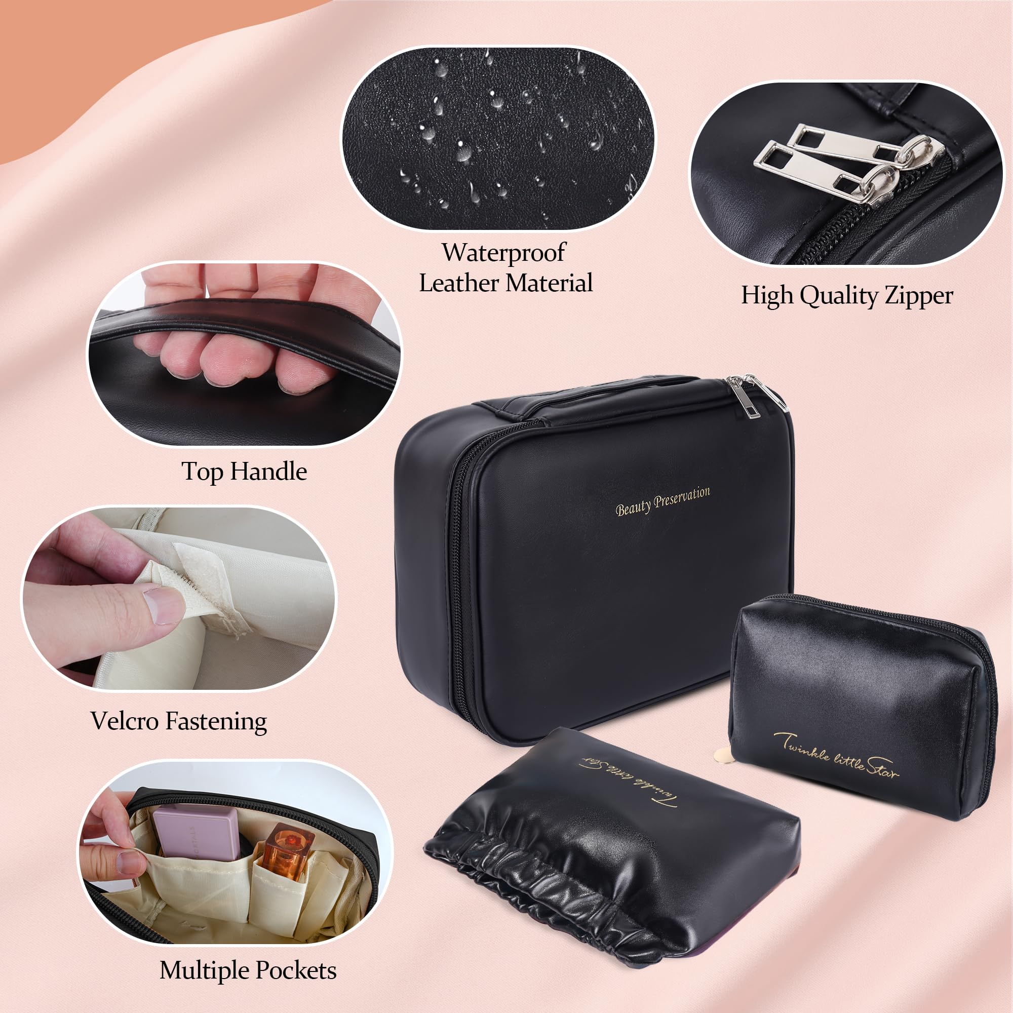 Juego de 4 bolsas de maquillaje de viaje, bolsa organizadora de cosméticos de piel sintética con bolsa de joyería, bolsa de cosméticos grande con divisor y asa, bolsa de aseo portátil impermeable de