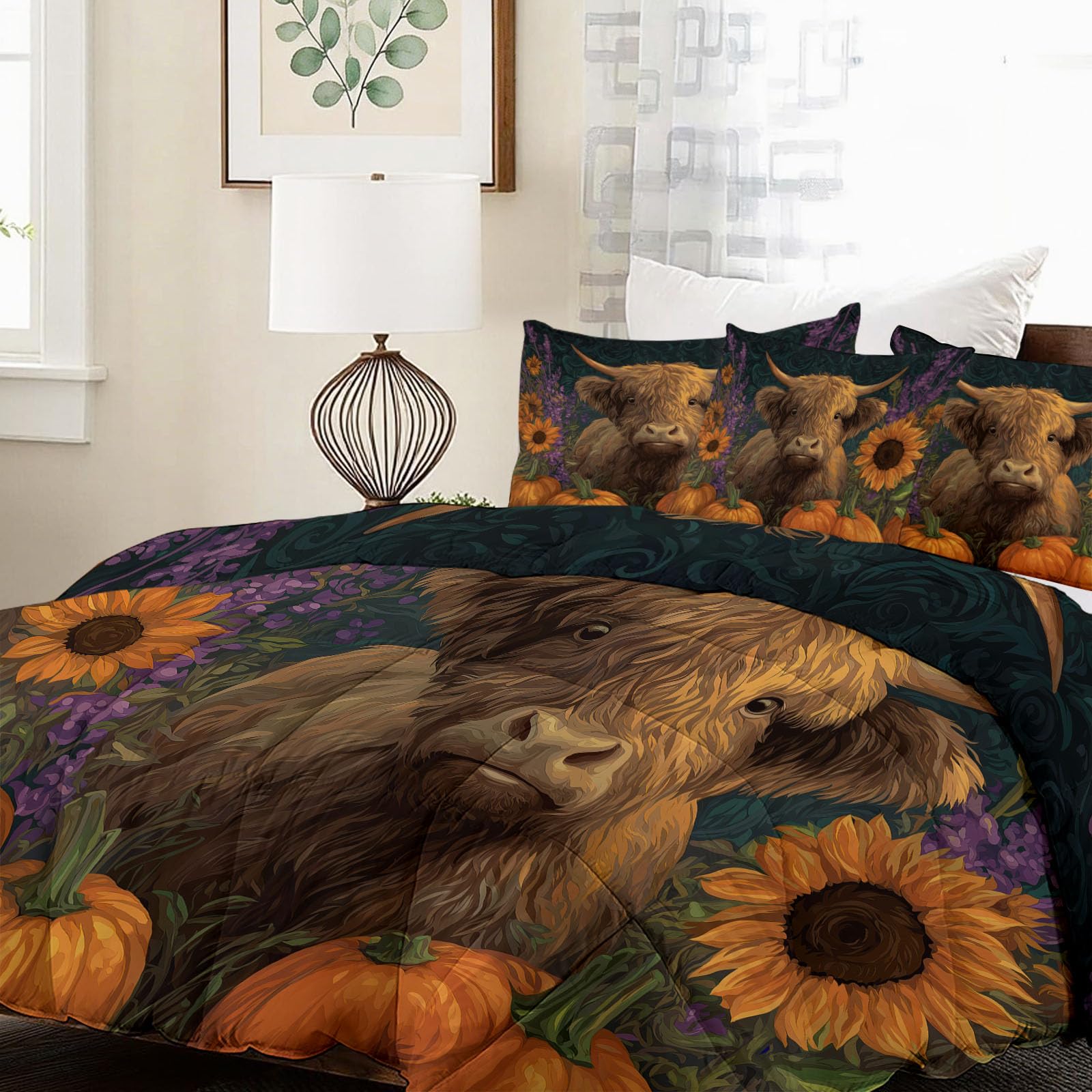Piumino in stile rustico ad acquerello, senza rivestimento, 135 x 200 cm, motivo floreale, bovini, girasole, 4 stagioni, reversibile, morbida e soffice, per tutto l'anno, lavabile, con 2 federe