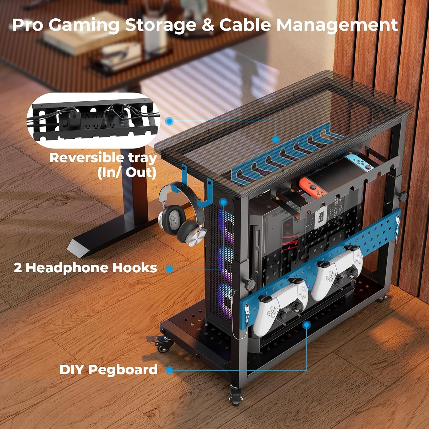 GreenForest Heavy-Duty Computer Tower Stand with Industrial Casters, 5-Level Height Adjustable Rolling PC Cart with Cable Management for Gaming, Full-Tower E-ATX Case Home, Carbon Fiber Black