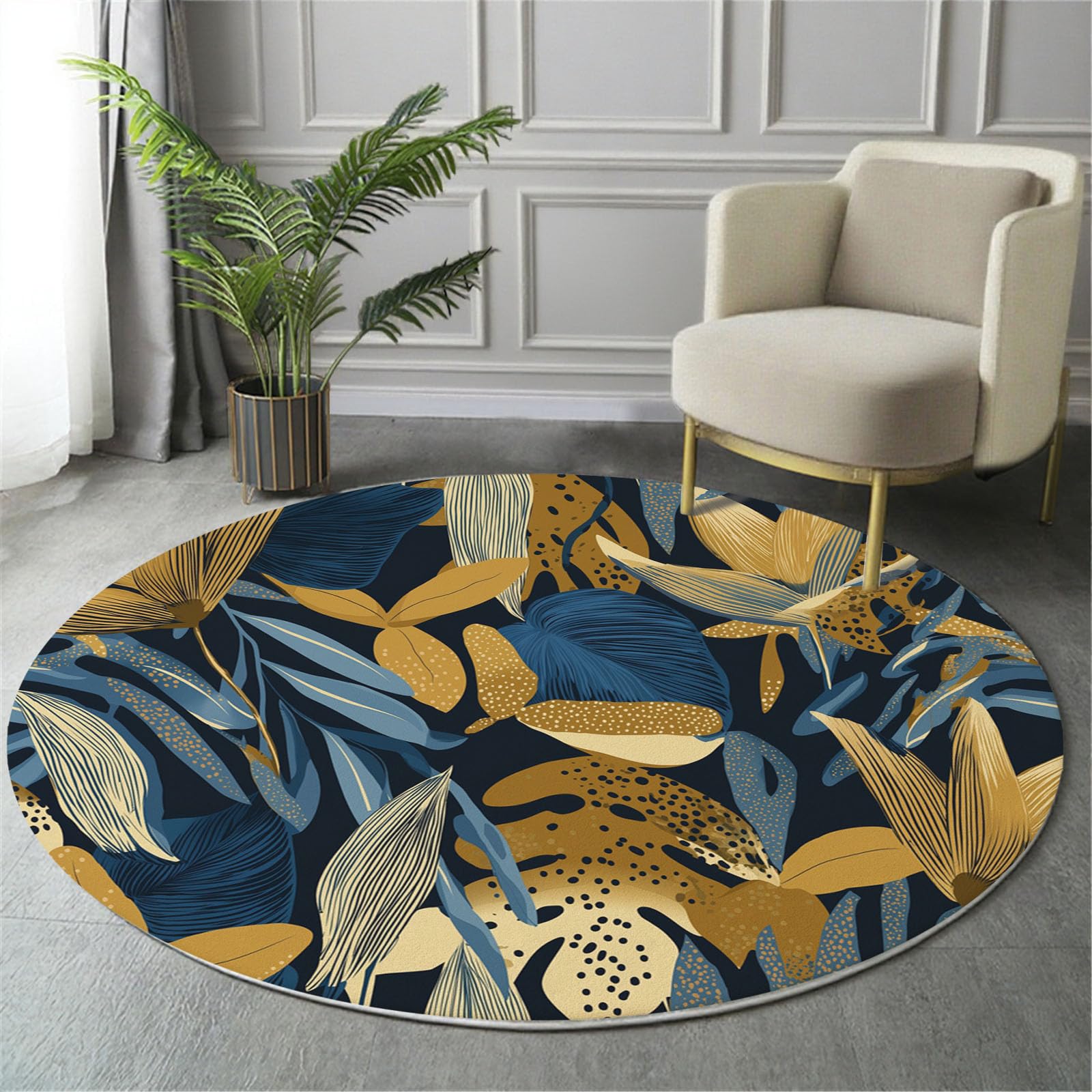 Tapis rond plantes tropicales salon bleu marine imprimé fleurs feuilles dorées