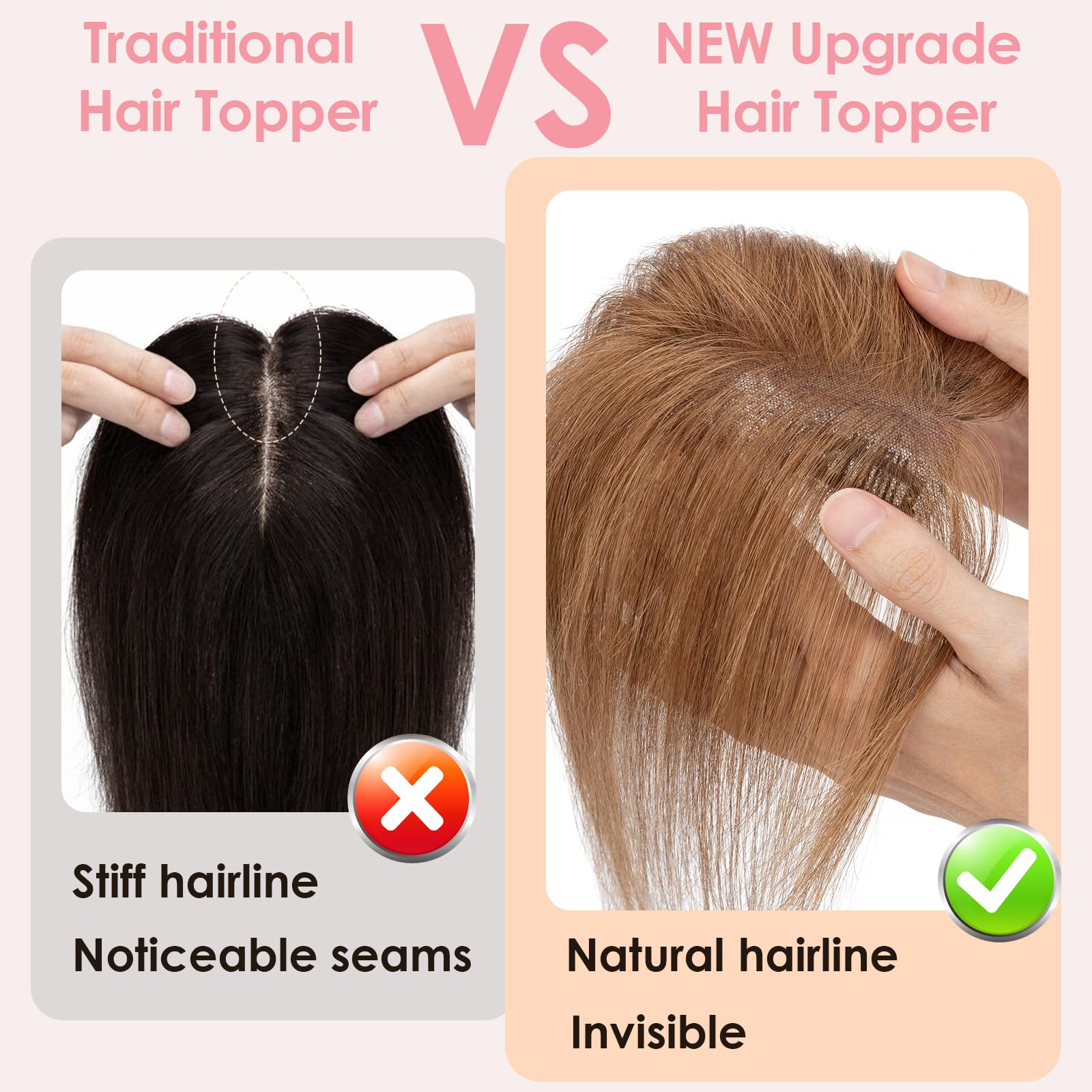 S-noilite Hair Toppers for Women Human Hair with Side Bangs - 7x11cm Hand-stitched Base 360° 3D Coverage Natural 14g (Light Brown #6) - Image 2