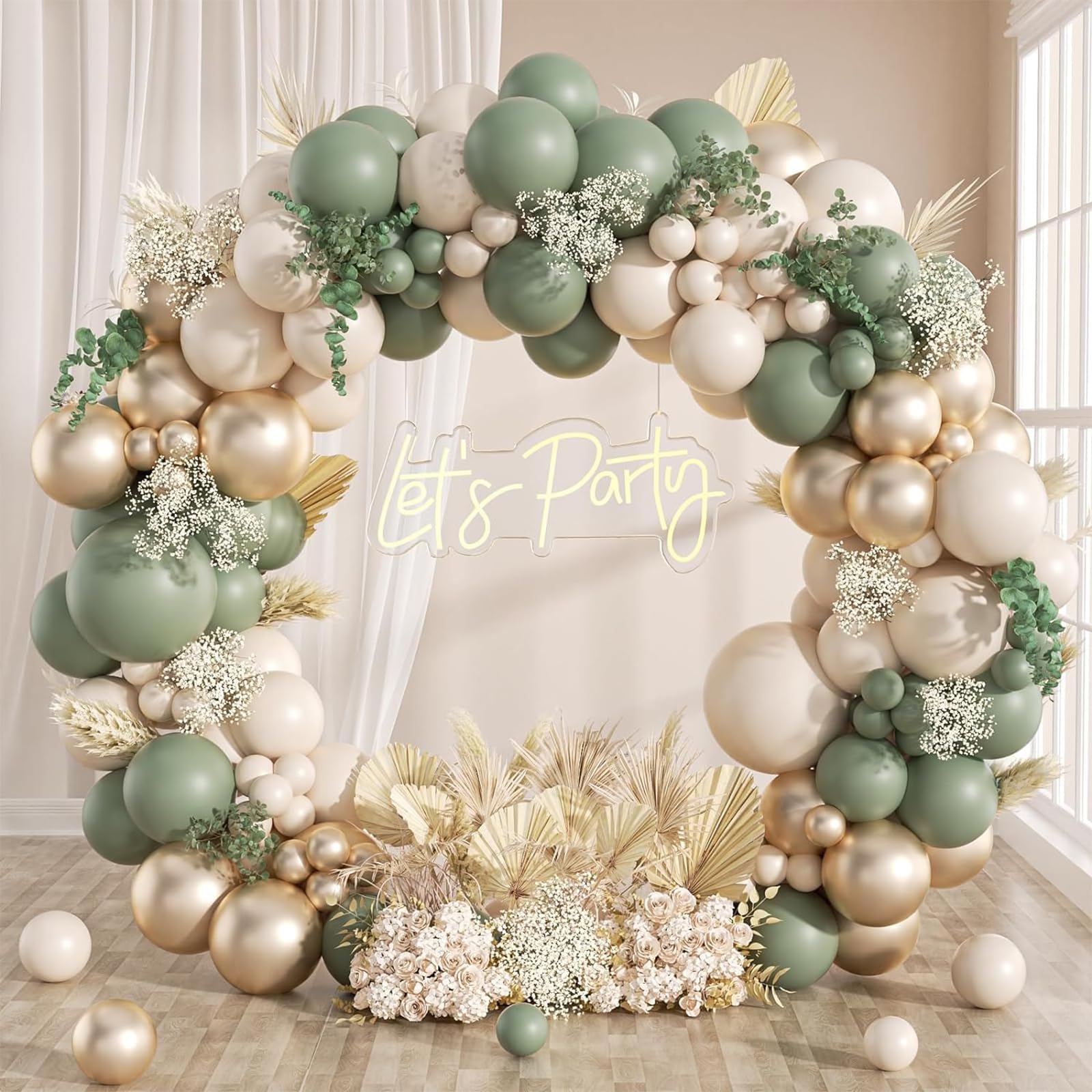 Kit Arco Palloncini Verde Salvia, 108pcs Palloncini Compleanno Verdi Con Verde Avocado, Oro Champagne e Sabbia Bianco Palloncini Per Compleanno, Baby Shower, Battesimo Bambino, Addobbi Matrimonio