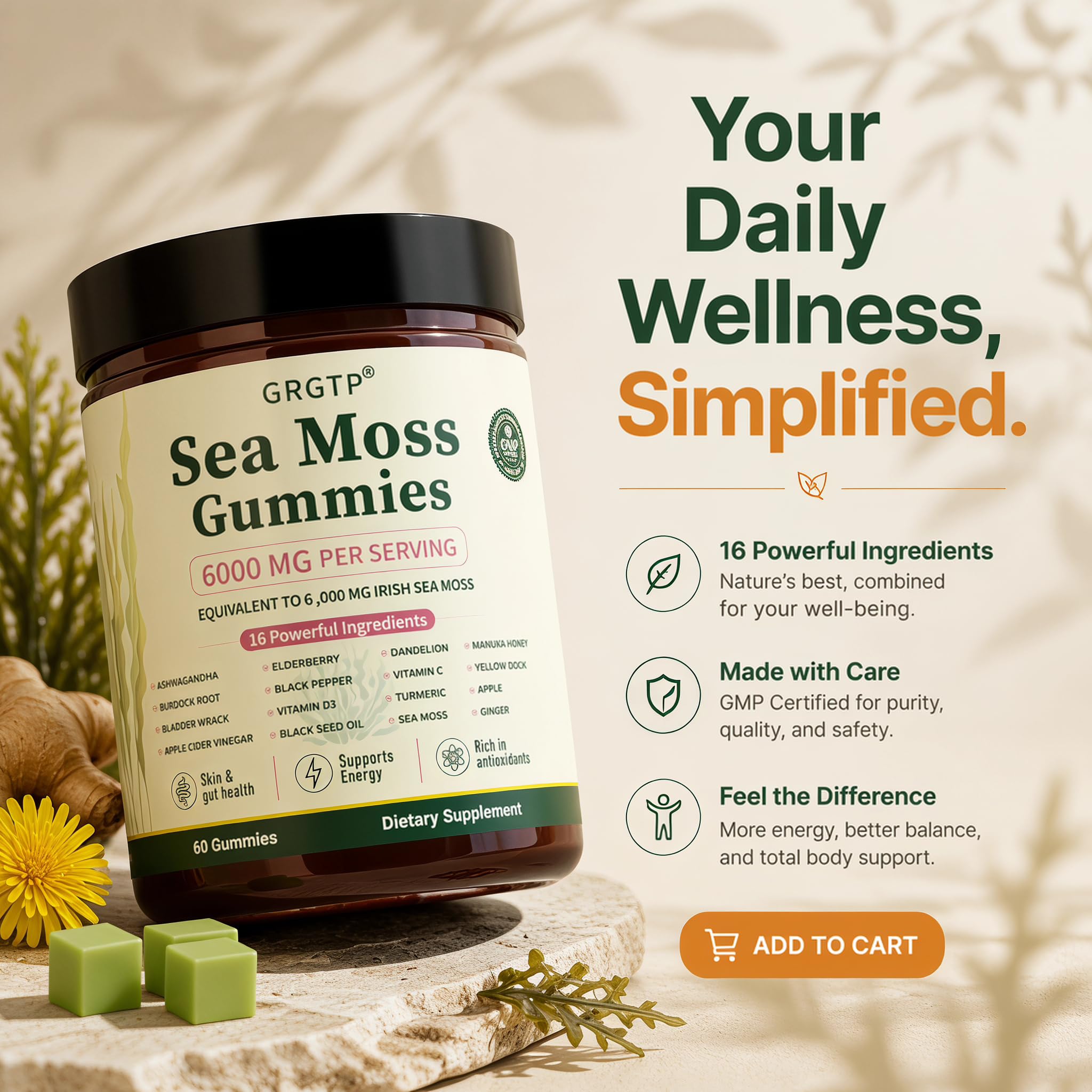 Sea Moss Gummies 16-in-1 - Ashwagandha Black Seed Oil Bladder Wrack Turmeric Vitamin C & D3 with Manuka Burdock Root Dandelion Yellow Dock Natural Detox & Liver Health Immune Support, Energy Boost — Amazon image 6