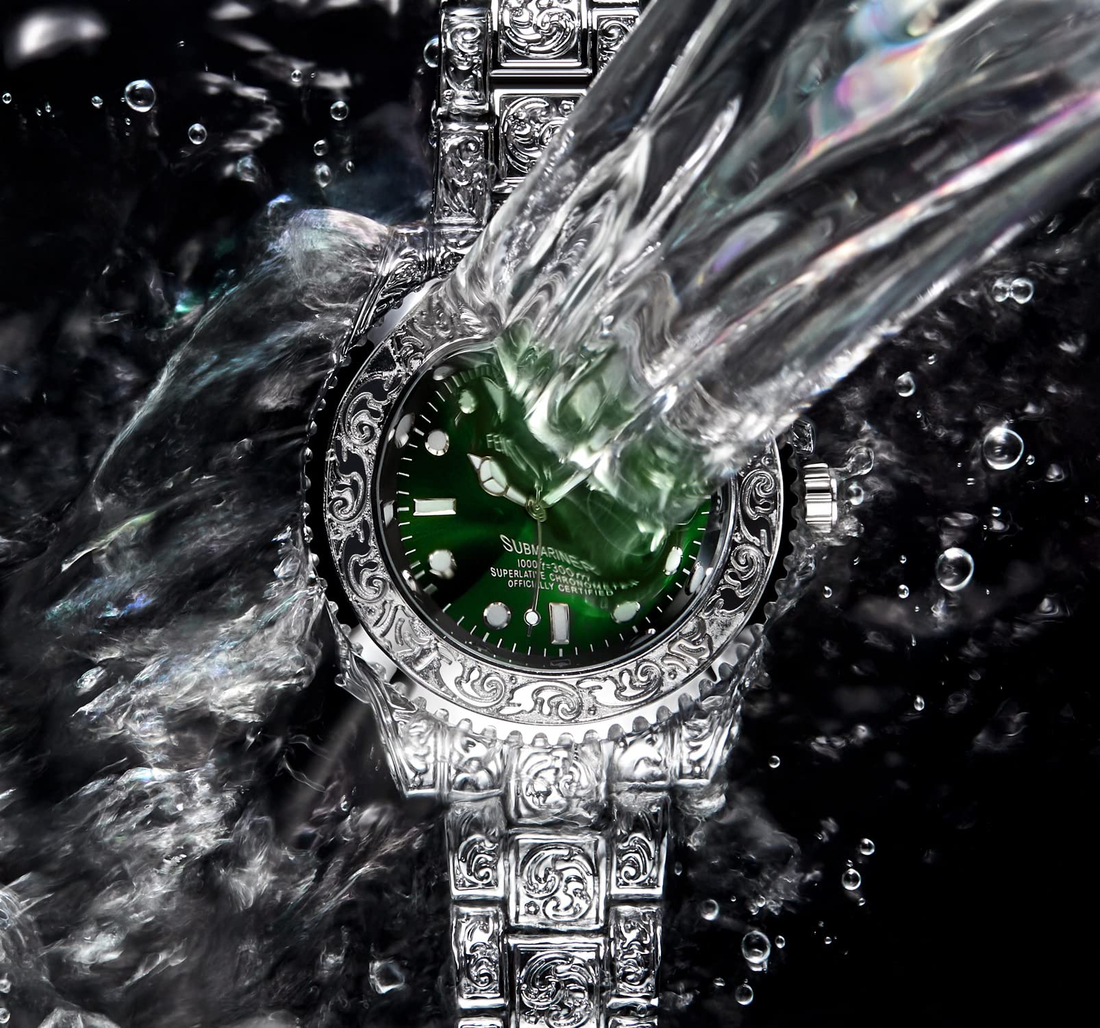 Orologio da polso da uomo, stile retrò, con intaglio 3D, casual, luminoso, impermeabile, datario, orologio da polso in acciaio inox con movimento analogico al quarzo, alla moda, da uomo (argento/verde
