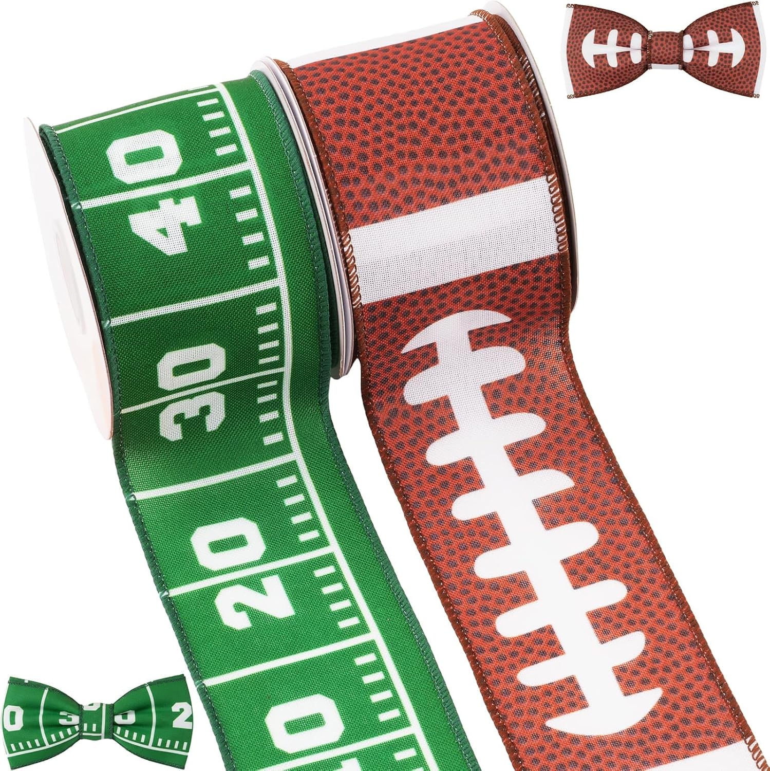 Football Wired Edge Ribbon 2.5 Inch x 20 Yards, 2 Rolls Green Yard Line Ribbon for Wreath DIY Craft Bow Homecoming Mum Gift Wrapping Party Decorations (Football)