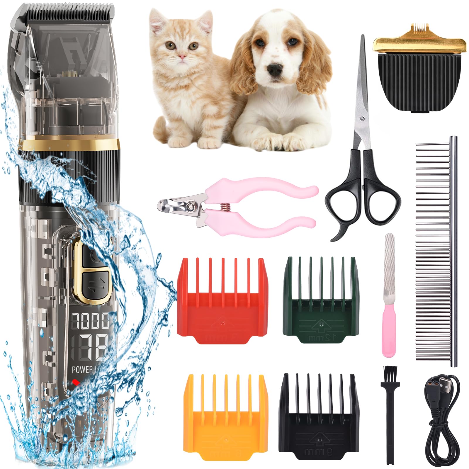 Maquina Cortar Pelo Perros 2 in 1 Corta Pelo Mascota IPX7 Lavable Cortapelos Perros Profesional Maquina de Cortar Pelo para Perros con Potente Motor a 7000 rpm Para Gatos y Perros con Pelo Grueso