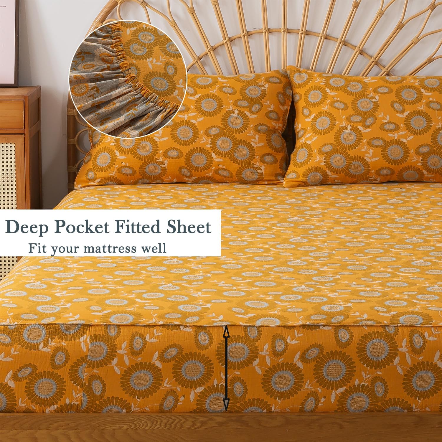 FADFAY Double Gauze 100% Cotton King Sheets Set Floral Bed Sheets Deep Pocket Fitted Sheet, Luxury Sunflower Pattern Shabby Vintage Countryside Style Bedding 4Pcs - Image 3