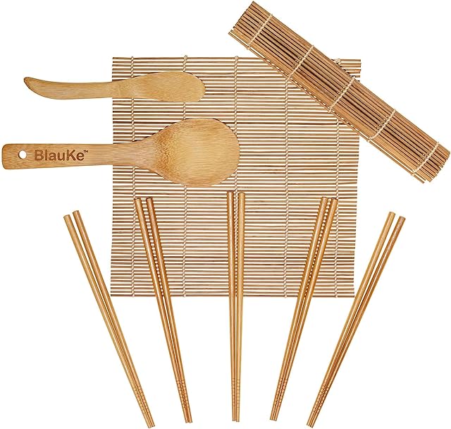 BlauKe® Sushi Making Kit 2 Bamboo Sushi Rolling Mats, 5 Pairs Chopsticks, Rice Paddle, Spreader Beginner Sushi Maker Kit with Roller Mat and Accessories