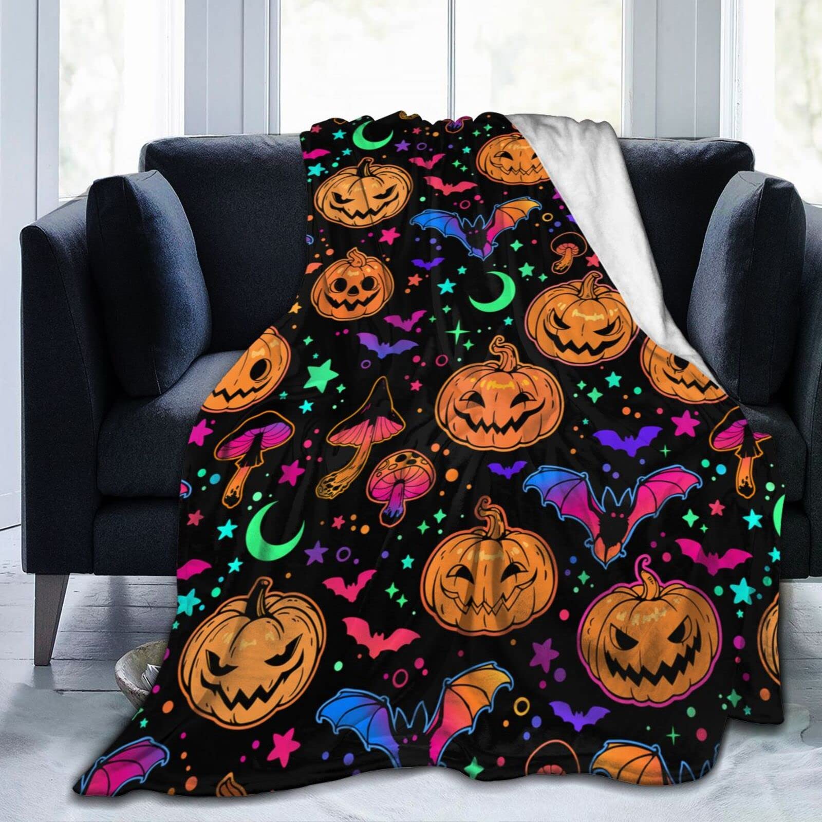 Lsjuee Bright Halloween Pumpkins and Bats Throw Blanket Warm Cozy Blankets Lightweight Soft Cozy Flannel Funny Halloween Blanket for Sofa Couch Bed Home Decoration 80"X60"