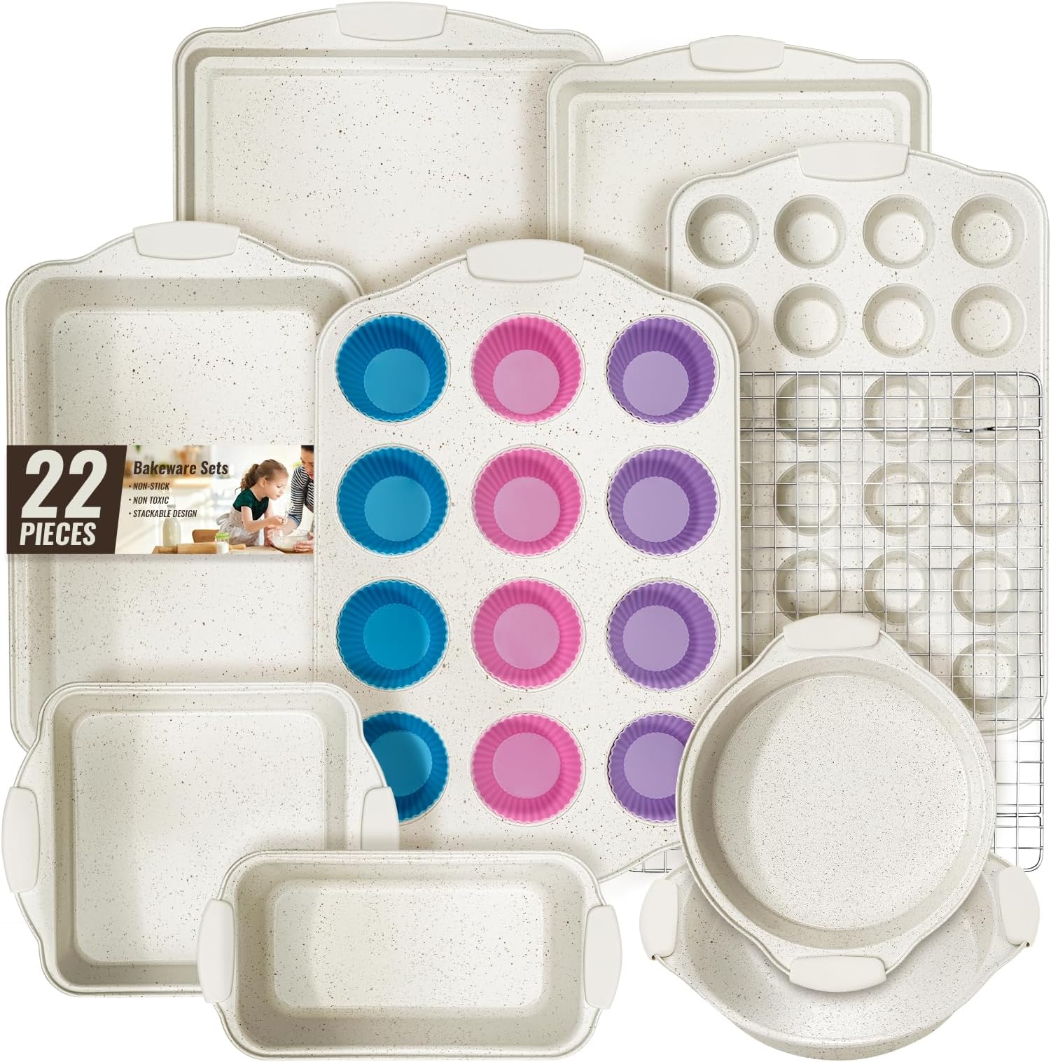 Baking Pans Set Nonstick, Stackable Bakeware Sets with Silicone Handles, AIVIKI 22 Pieces Oven Pan for Cooking Including Baking Cookie Sheet with Rack, Roast Pan, Cake Pan, Loaf Pan, Muffin Pan, Cream