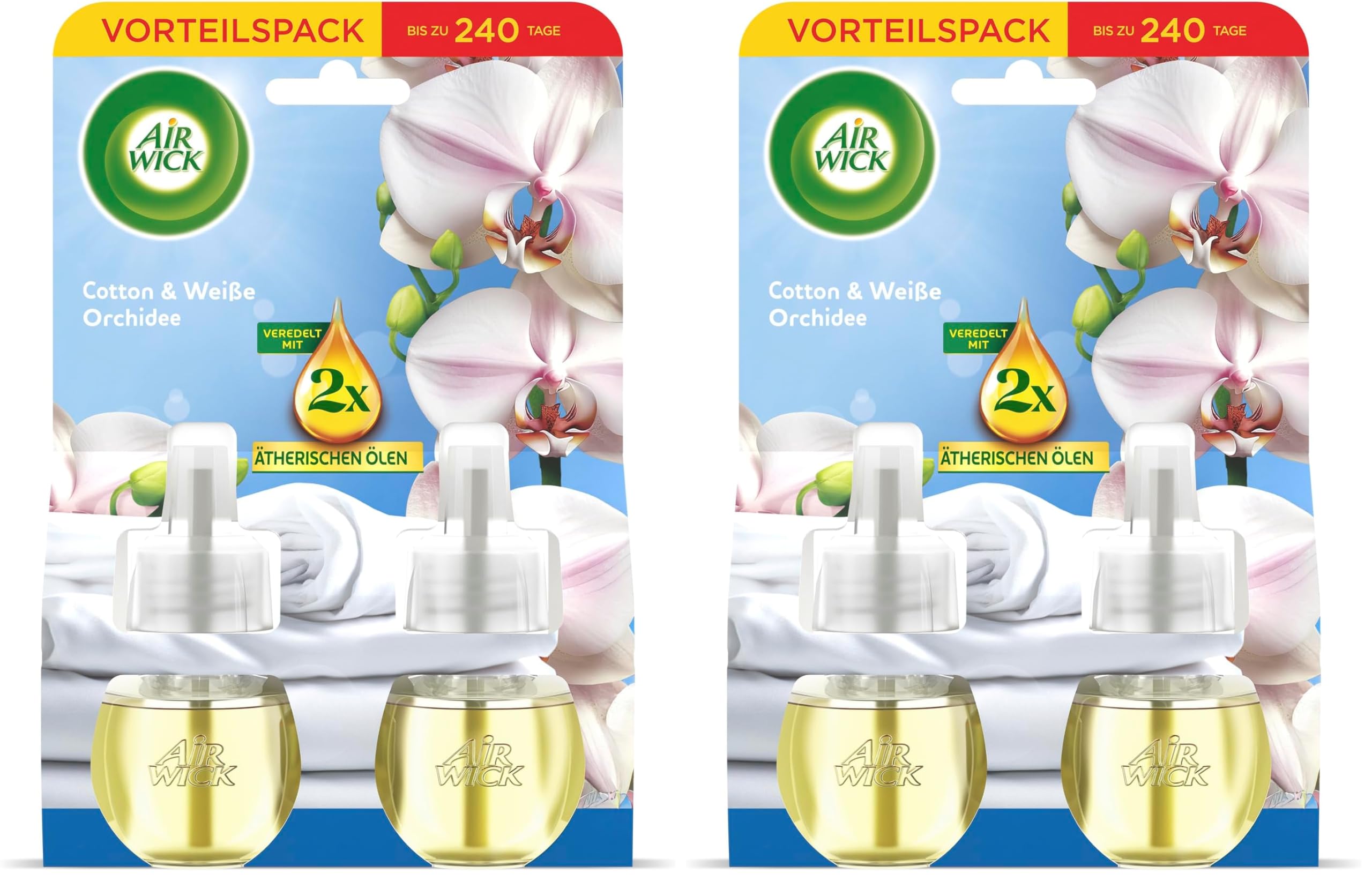 Air Wick Duftstecker Nachfüller Duo – Duft: Cotton und Weiße Orchidee – Frischer Raumduft für die Steckdose – 2x 19ml Duftölflakon-Nachfüller (Packung mit 2)
