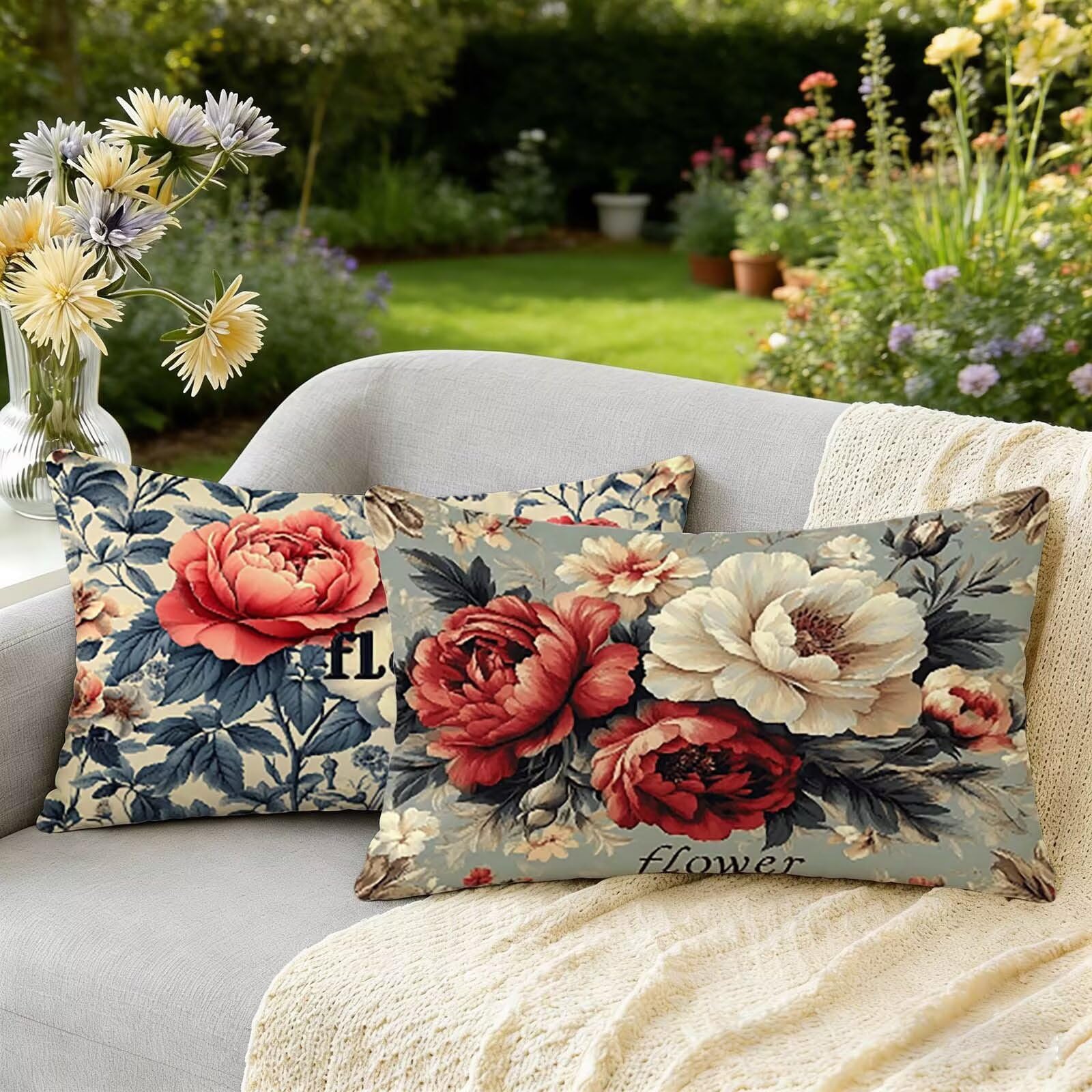 Housses de coussins rectangulaire 25 x 45 taie oreiller lin impermeable retro canape jardin